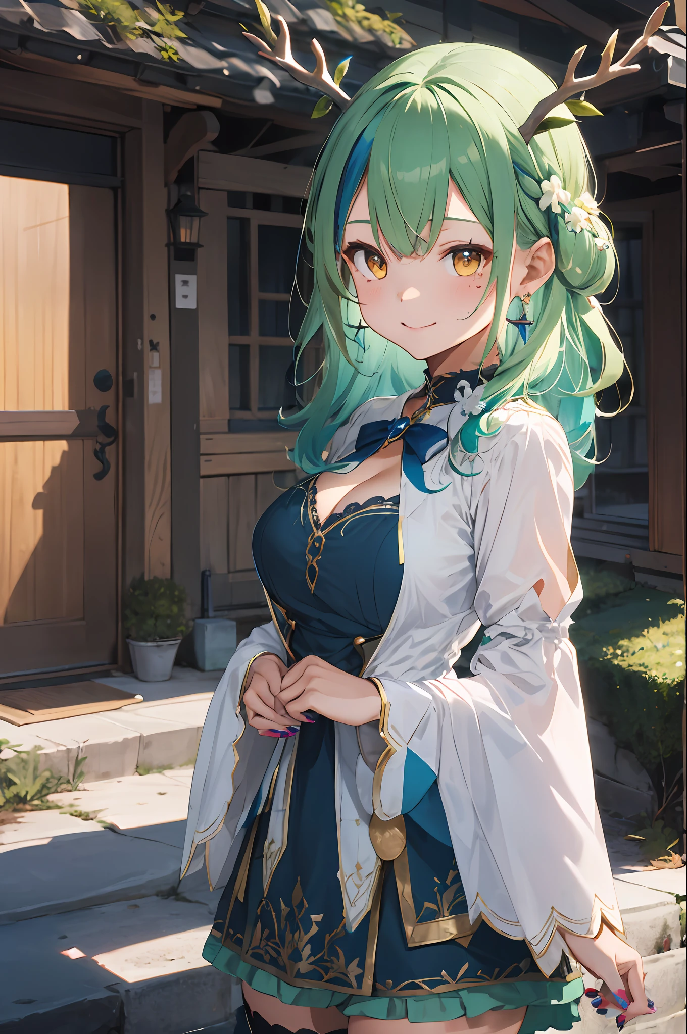 masterpiece, best quality, 1girl, breasts, green hair, braid, braided bangs, cleavage, thighhighs, single braid, single thighhigh, antlers, dress, yellow eyes, jewelry, anklet, nail polish, mole, toenail polish, green nails,hair flower, mole under eye, multicolored hair, long hair, toenails, hair ornament, large breasts, green flower, streaked hair, earrings, white thighhighs, bow, bangs, wide sleeves, leaf, blue dress, horns, ceres fauna, smile, upper body,