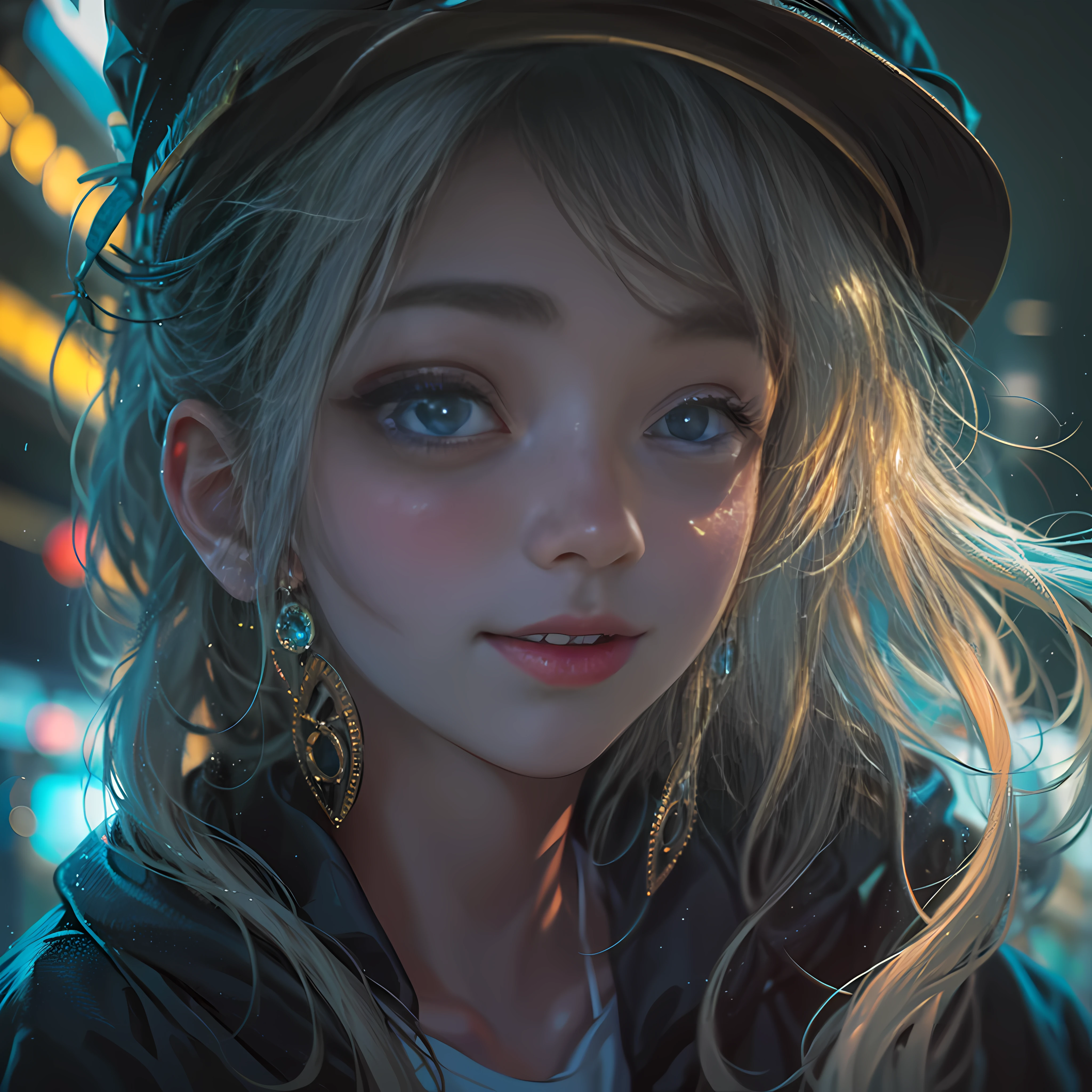 masterpiece, best quality, half body, portrait, night city, 1girl, anime, 3D, Japan, pixar, realistic, girl, smiling, cute face, harajuku fashion style, rain coat, beautiful, colourful, neon lights, cyberpunk, smooth skin, illustration, artstation, painting by stanley artgerm lau, sideways glance, foreshortening, extremely detailed 8K, smooth, high resolution, ultra quality, highly detail eyes, highly detail mouth, highly detailed face, perfect eyes, both eyes are the same, true light, glare, Iridescent, Global illumination, real hair movement, real light, real shadow, real face, hd, 2k, 4k, 8k, 16k, realistic light, realistic shadow, bright Eyes, fluorescent eyes, soft light, dream light