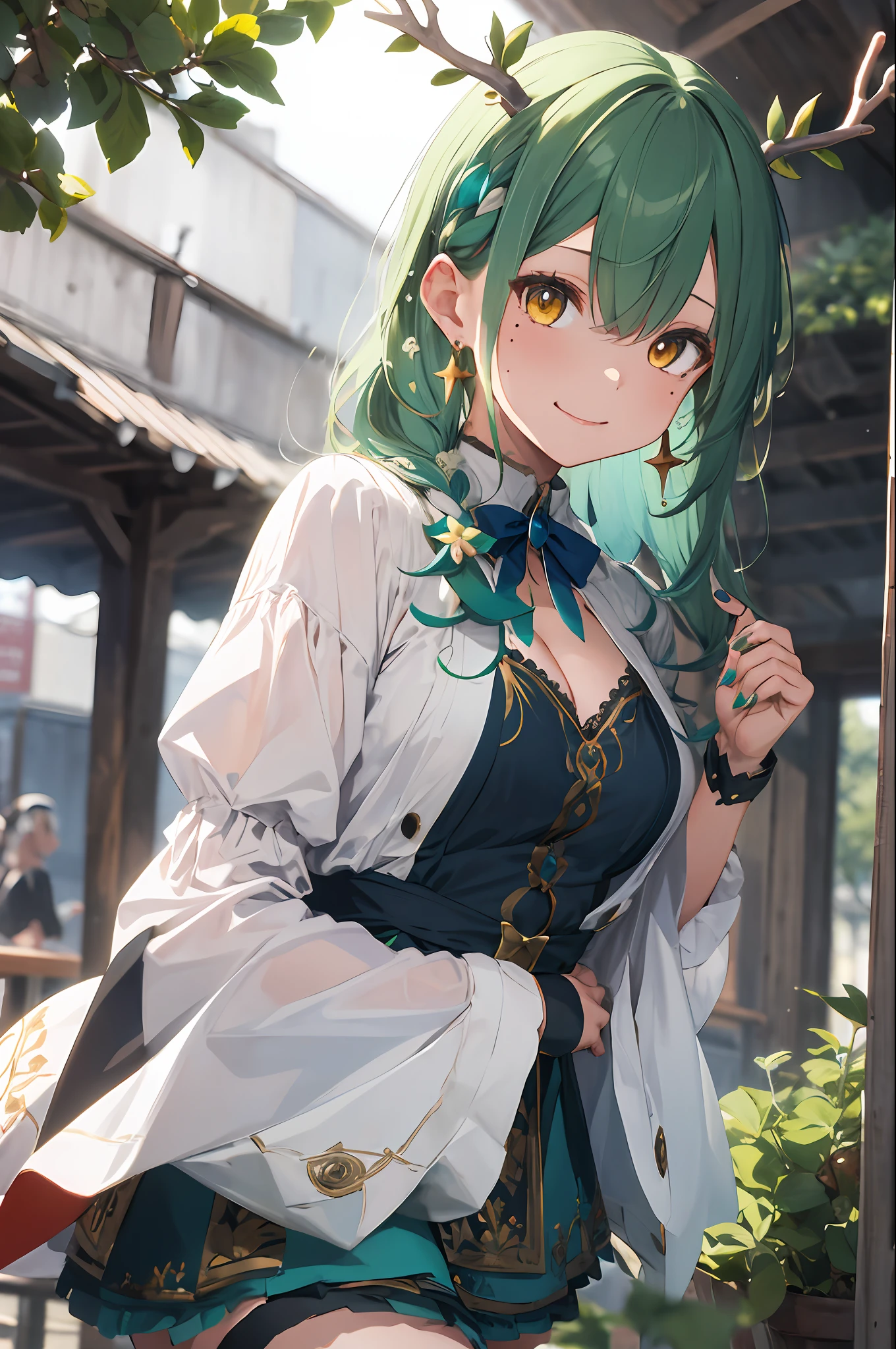 masterpiece, best quality, 1girl, breasts, green hair, braid, braided bangs, cleavage, thighhighs, single braid, single thighhigh, antlers, dress, yellow eyes, jewelry, anklet, nail polish, mole, toenail polish, green nails,hair flower, mole under eye, multicolored hair, long hair, toenails, hair ornament, large breasts, green flower, streaked hair, earrings, white thighhighs, bow, bangs, wide sleeves, leaf, blue dress, horns, ceres fauna, smile, upper body,