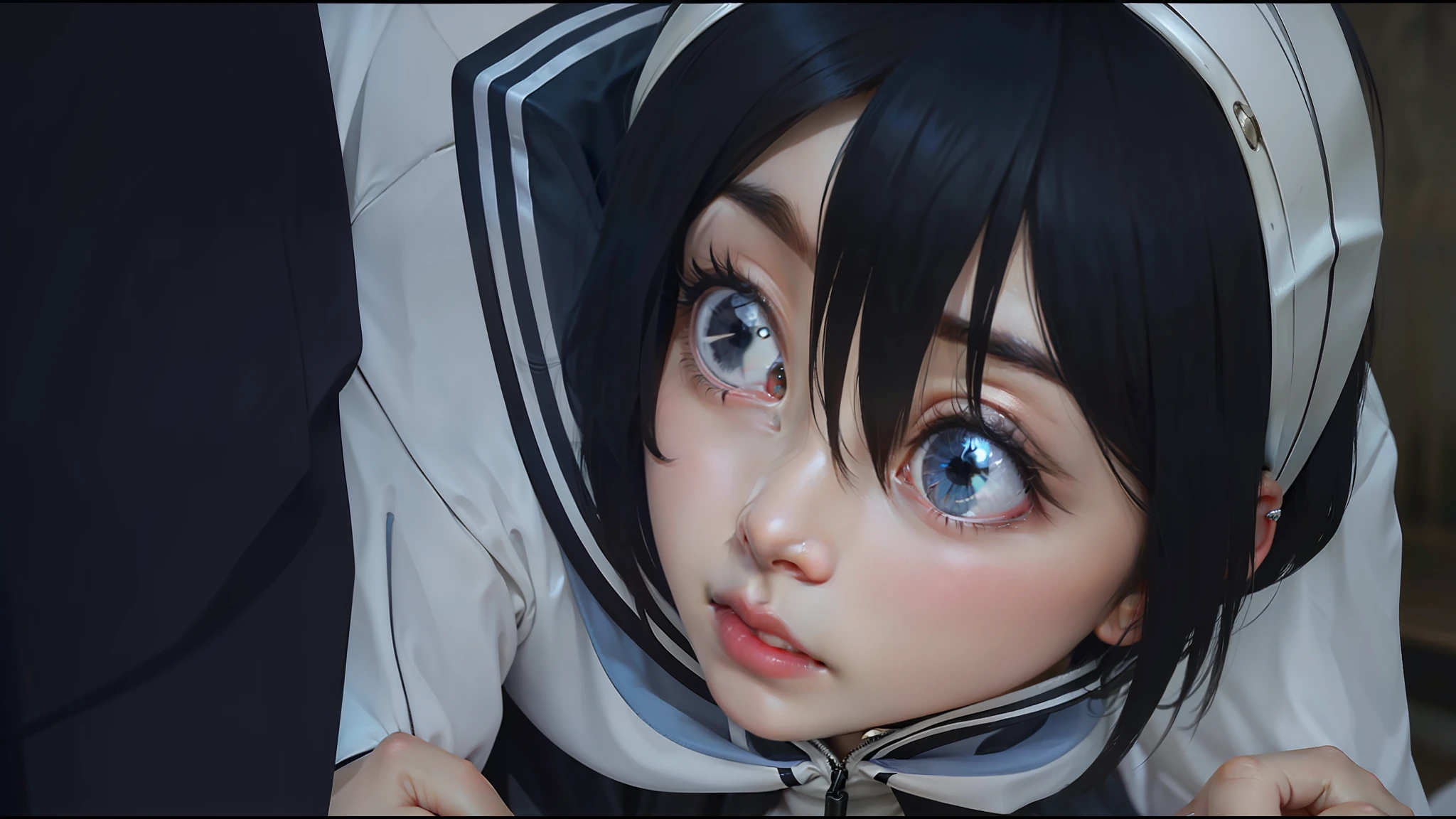 1 girl, black hair, short hair, blue eyes, realistic, ultra realistic, long hair