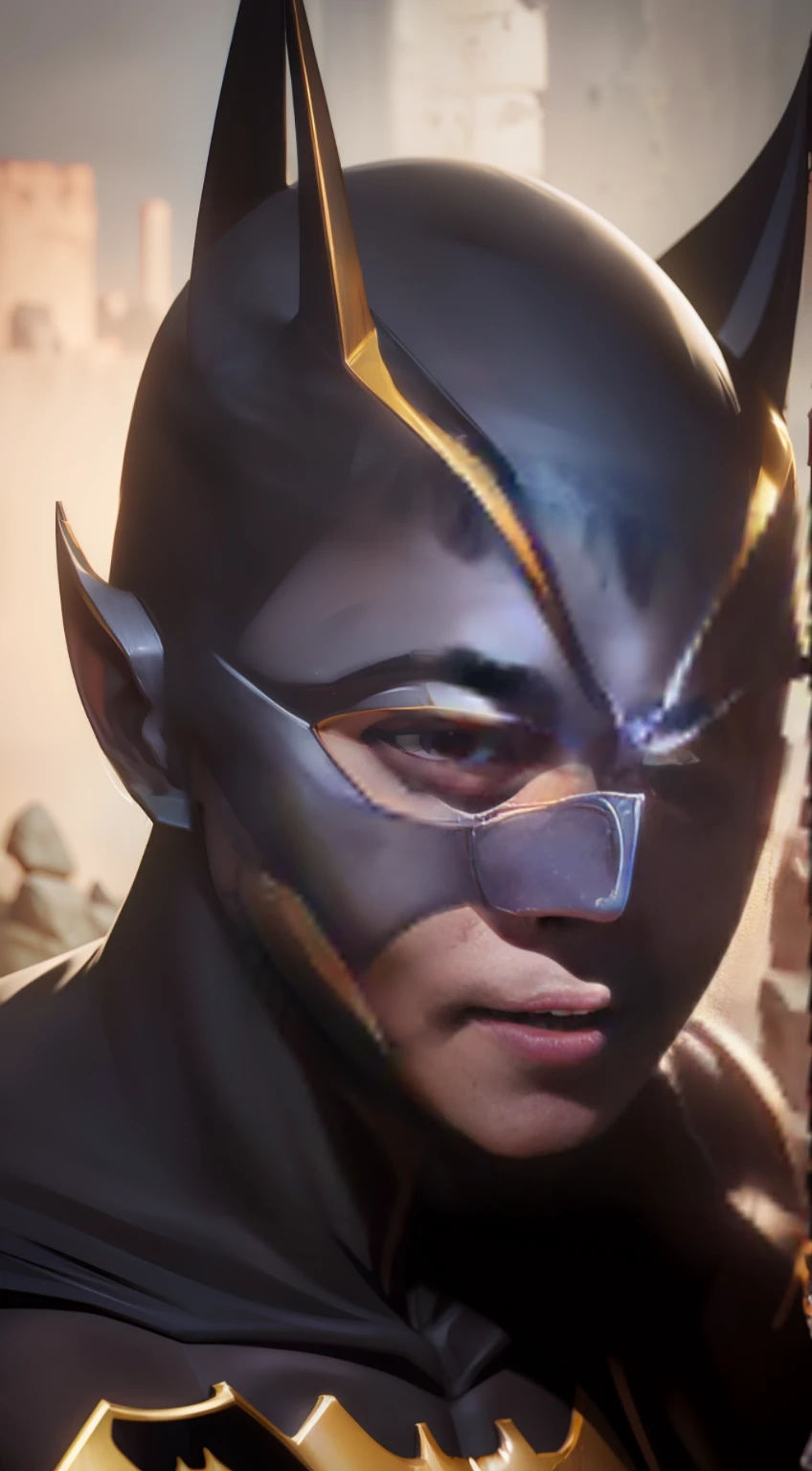 Realistic portrait of Batman in mask, ((Stand on a stone wall)), Wearing golden Batman armor, Background dark lighting, Close-up, Detailed facial details, Perfect face, Sharpness, Trend Art, Sharp facial details, Ultra high quality, Bokeh, hyper HD, Ray tracing,
