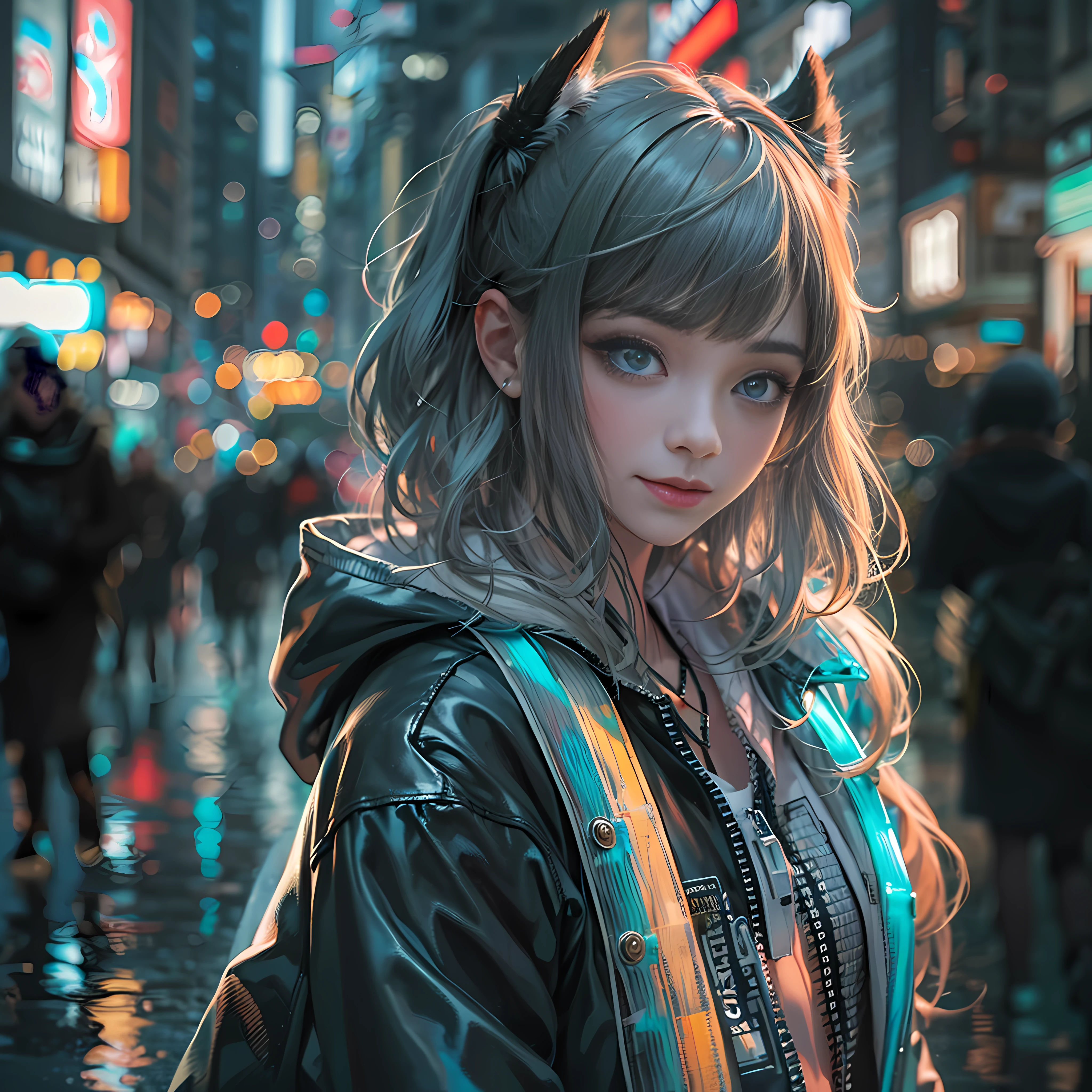 masterpiece, best quality, half body, portrait, night city, 1girl, anime, 3D, Japan, pixar, realistic, teen girl, smiling, cute face, harajuku fashion style, rain coat, beautiful, colourful, neon lights, cyberpunk, smooth skin, illustration, artstation, painting by stanley artgerm lau, sideways glance, foreshortening, extremely detailed 8K, smooth, high resolution, ultra quality, highly detail eyes, highly detail mouth, highly detailed face, perfect eyes, both eyes are the same, true light, glare, Iridescent, Global illumination, real hair movement, real light, real shadow, real face, hd, 2k, 4k, 8k, 16k, realistic light, realistic shadow, bright Eyes, fluorescent eyes, soft light, dream light