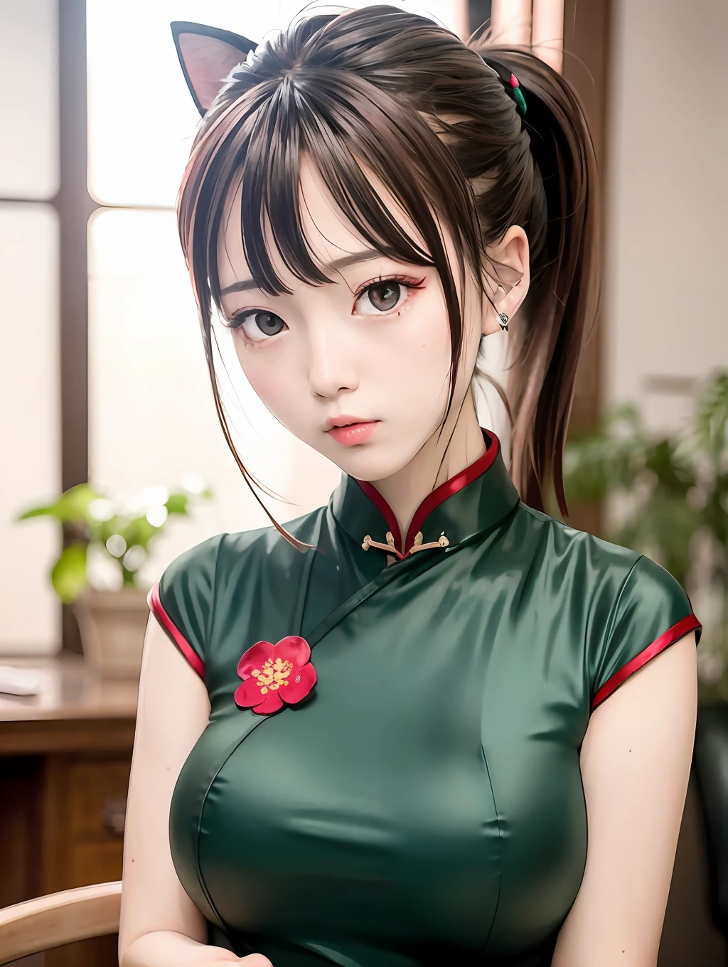 on cheongsam,Crimson hair, right ponytail, girl, cat lady, dark green pupils, poor breasts