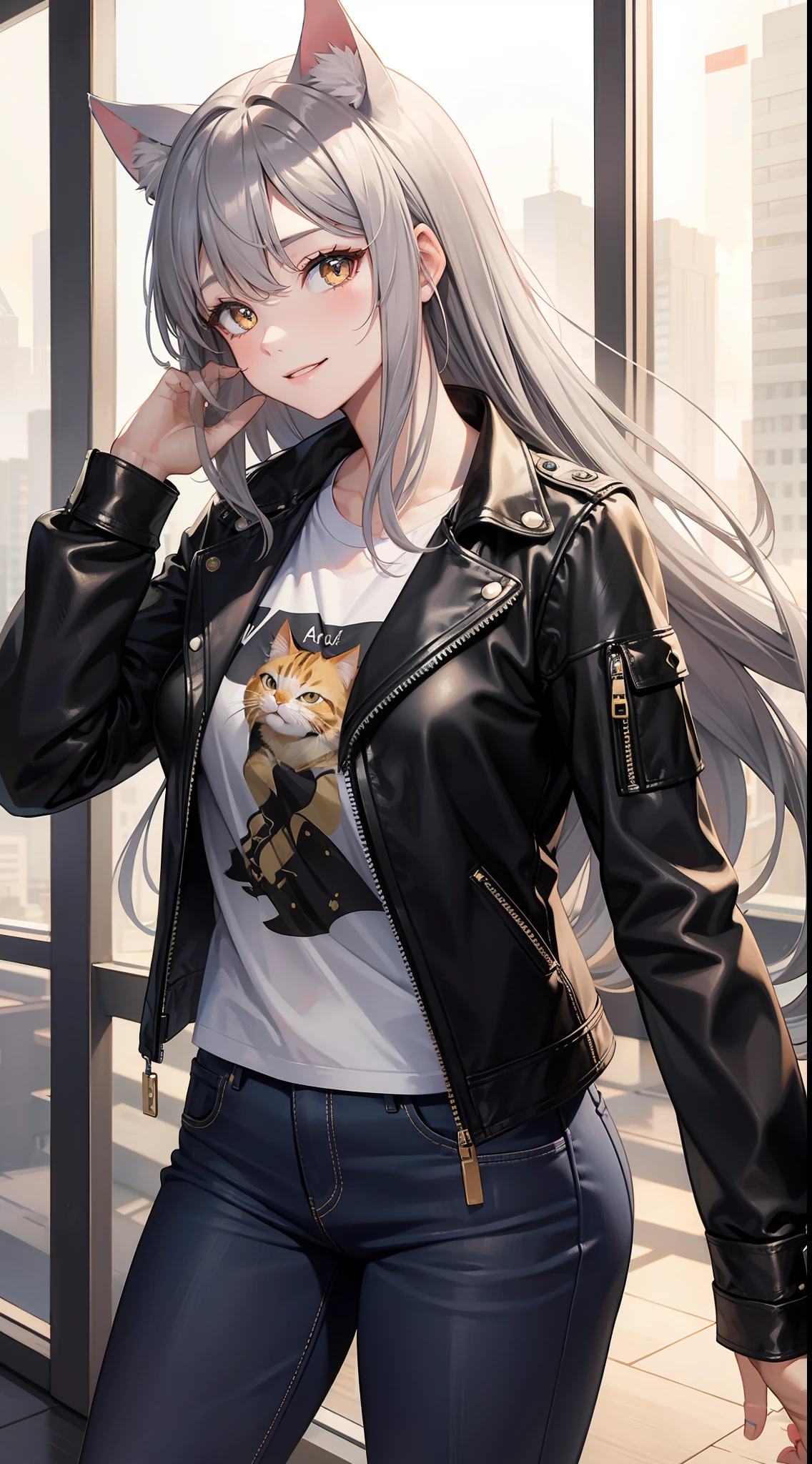 Adult woman, long gray hair, Cat's ears, golden eyes, leather jacket, tshirt, ssmile, Masterpiece, hiquality