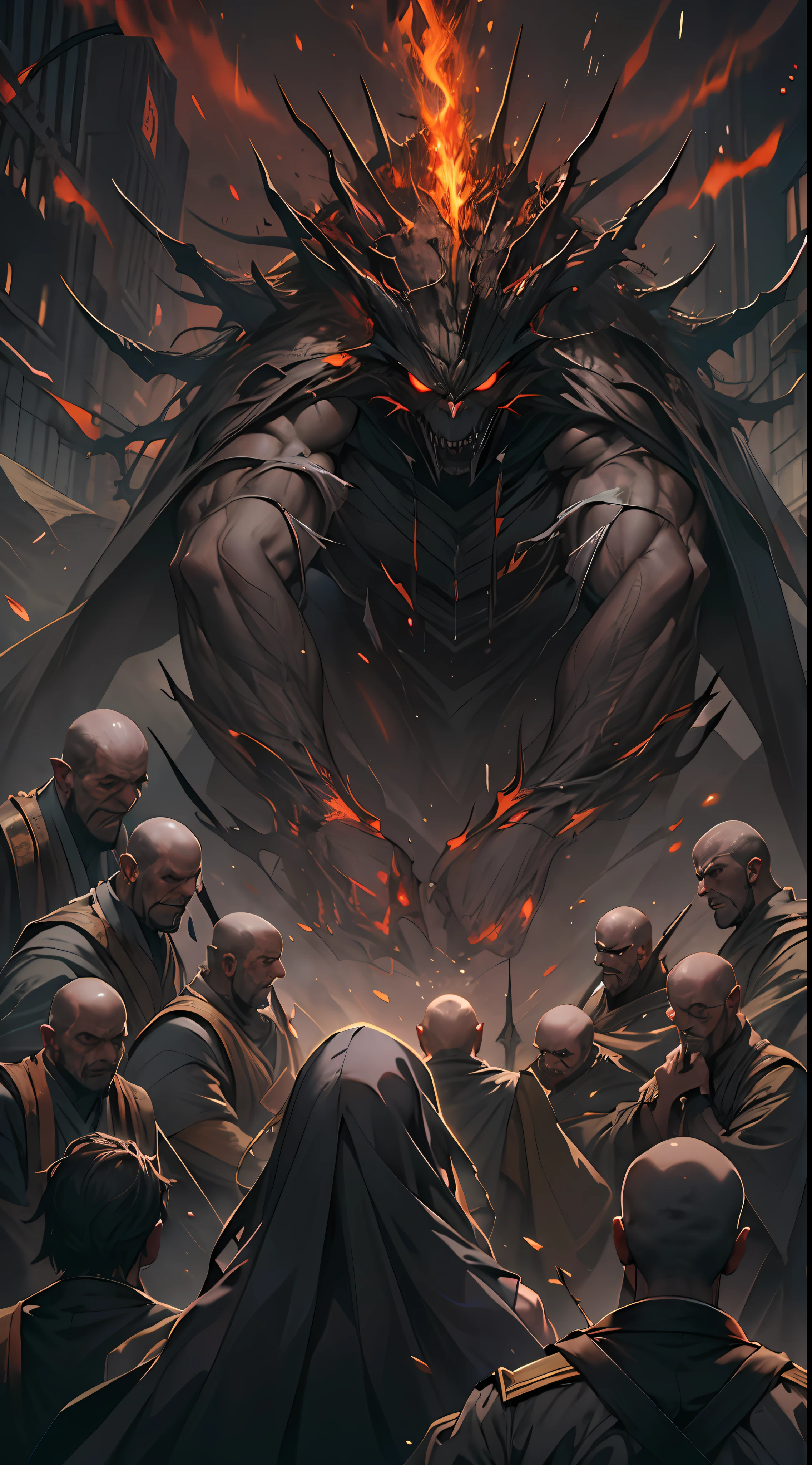 A weak team, powerless to resist, helplessly watches as the giant evil spirit gets closer and closer to them, their expressions filled with helplessness and despair, surrounded by a sense of oppression, , 32k, best quality, masterpiece, super detail, high details,