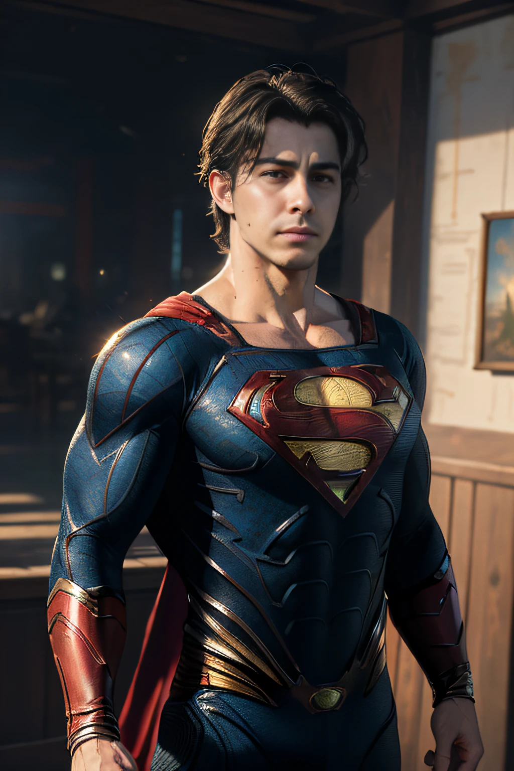 realistic, photorealistic, (masterpiece:1.5), concept art, intricate details, highly detailed, octane render, 8k, unreal engine, dynamic pose, best quality, highres, ((dramatic)), epic, depth of field, particles, (realistic face:1.1), ((1man, upper body, perfect eyes, detailed eyes, high quality eyes, high quality face, superman,manly)), detailed background,
