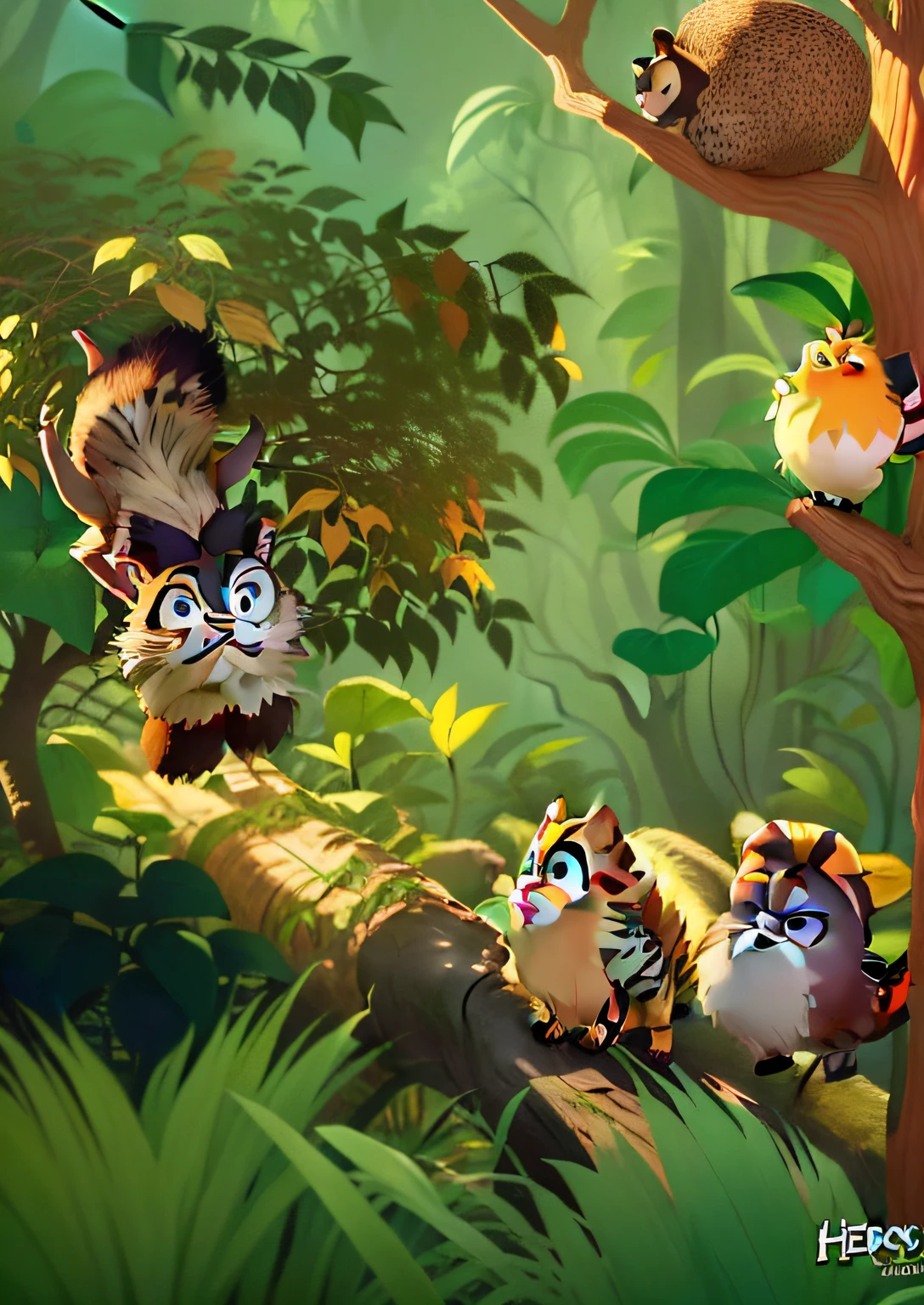 There are many animals hanging from the trees,, inspired by Henri Rousseau, animated movie shot, animated movie still, in the style of Henry Rousseau, in the croods movie style, in deep forest, parody work, animated movie scene, official screenshot, Animated Movies, animated still, film still from an cartoon --auto