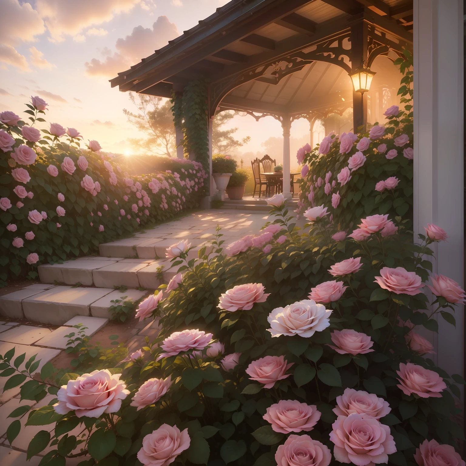 A bush of pink roses outside the house, beautiful and aesthetic, soft pink, beautiful aesthetic, roses in movie lights, lush flowers outdoors, nature and floral aesthetics, rose garden, roses, portal made of roses, beautiful images, roses, fantastic aesthetics, in a cottage core garden, pink golden hour, (masterpiece:1.6, best quality), (fine detailed beautiful eyes: 1.2), (extremely detailed CG unity 8k wallpaper, masterpiece , super detailed, best shadows), (detailed background), high contrast, (best lighting, extremely delicate and beautiful), ((color paint splatter on transparent background, Dulux,)), ((caustics) ), dynamic angles, beautiful detail glow, --auto