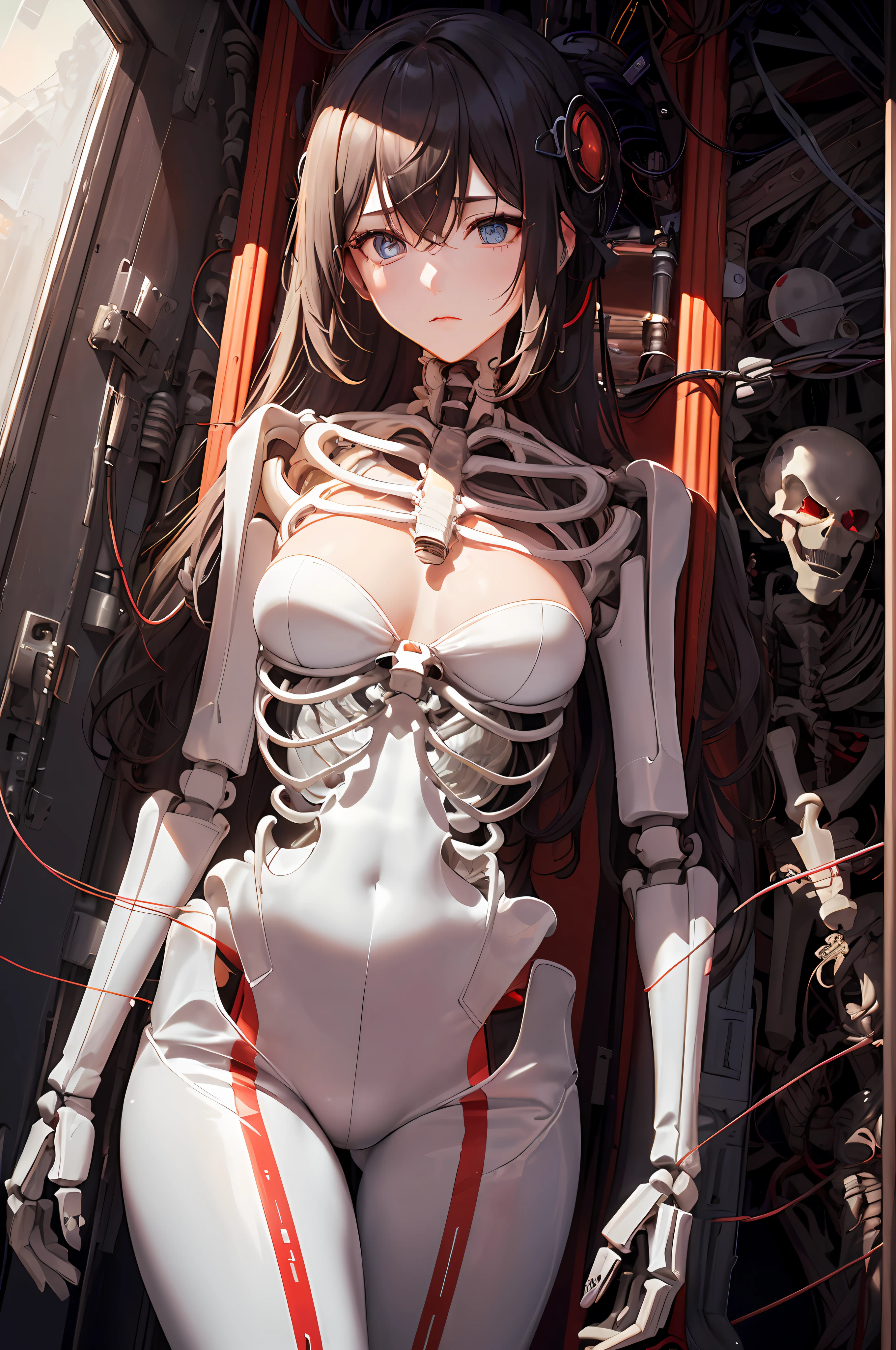 (tmasterpiece，Top image quality，film production，The details are unbeatable)female android((largeeyes，Hair ripples between wire connections，Mechanical skeleton，Compassion in deep eyes:1.4)Tai(red colour，Abrasion texture:0.9))，janelas，Through the window, floats in space，The body is hollow，Aesthetics。