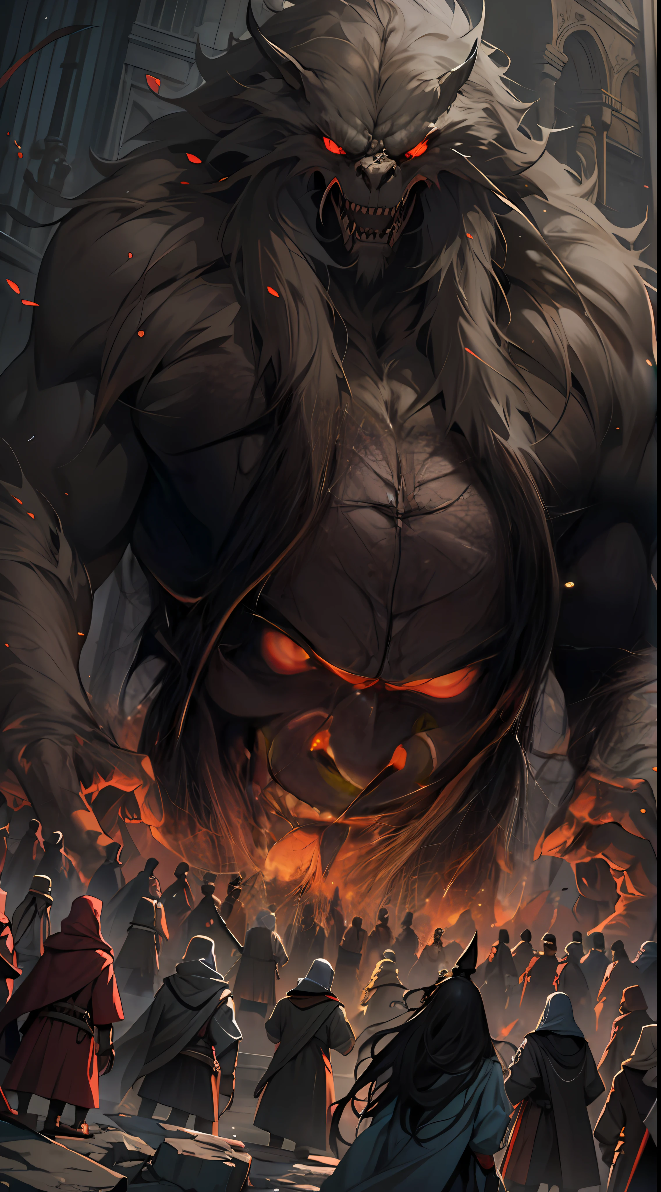 A weak team, powerless to resist, helplessly watches as the giant evil spirit gets closer and closer to them, their expressions filled with helplessness and despair, surrounded by a sense of oppression, , 32k, best quality, masterpiece, super detail, high details,