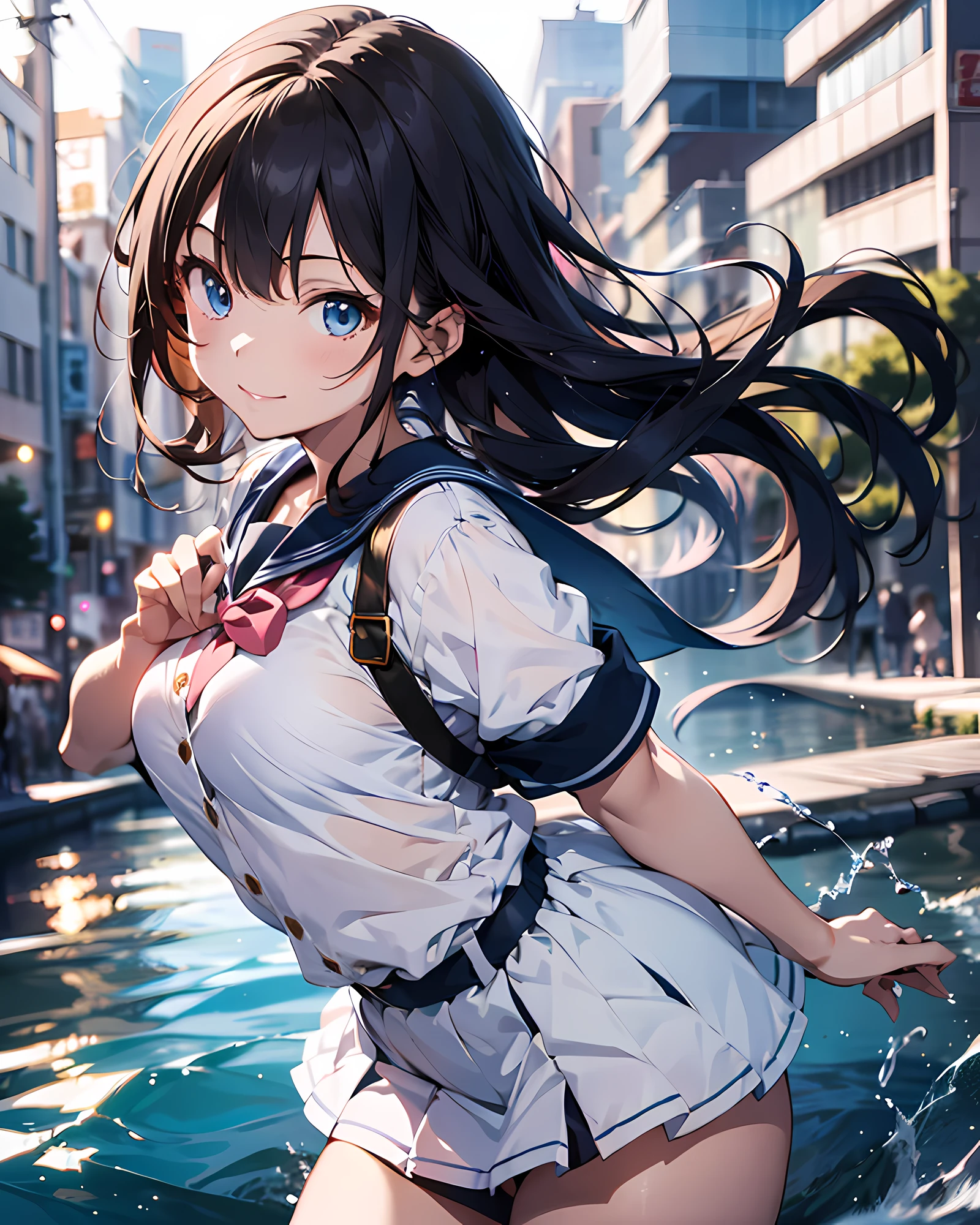 anime style illustration, highres, ultra detailed, (1girl:1.3), (dynamic pose):1.0 BREAK, cowboy shot, (pale skin:1.3), ((detailed blue eyes)), (bokeh effect), (dynamic angle), 1 extremely beautiful and glamorous anime waifu at kamo river, (wearing a school girl outfit, pink sailor shirts and dark-grey pleats skirt, black stockings), BREAK, she has brown wavy two-side-up hair style, medium-breasted, light smile, happy, wind, 8 life size, detailed clothes, detailed body, detailed arms, human hands, detailed hands, perfect nose, blush, light smile, pink lip gloss, looking the viewer, facing the viewer, sexy model posing, extremely leaning forward against the viewer, studio soft light, cinematic light, detailed background, realistic, ultra-realistic, masterpiece, 32k ultra-sharp image, Japanese anime waifu, concept art by Kyoto animation, Makoto Shinkai,
