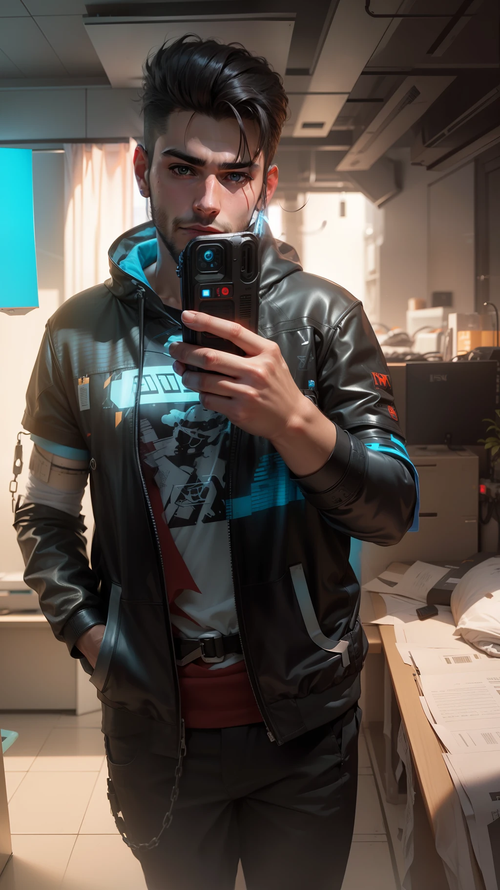 Change background cyberpunk handsome boy ultra realistic 8k