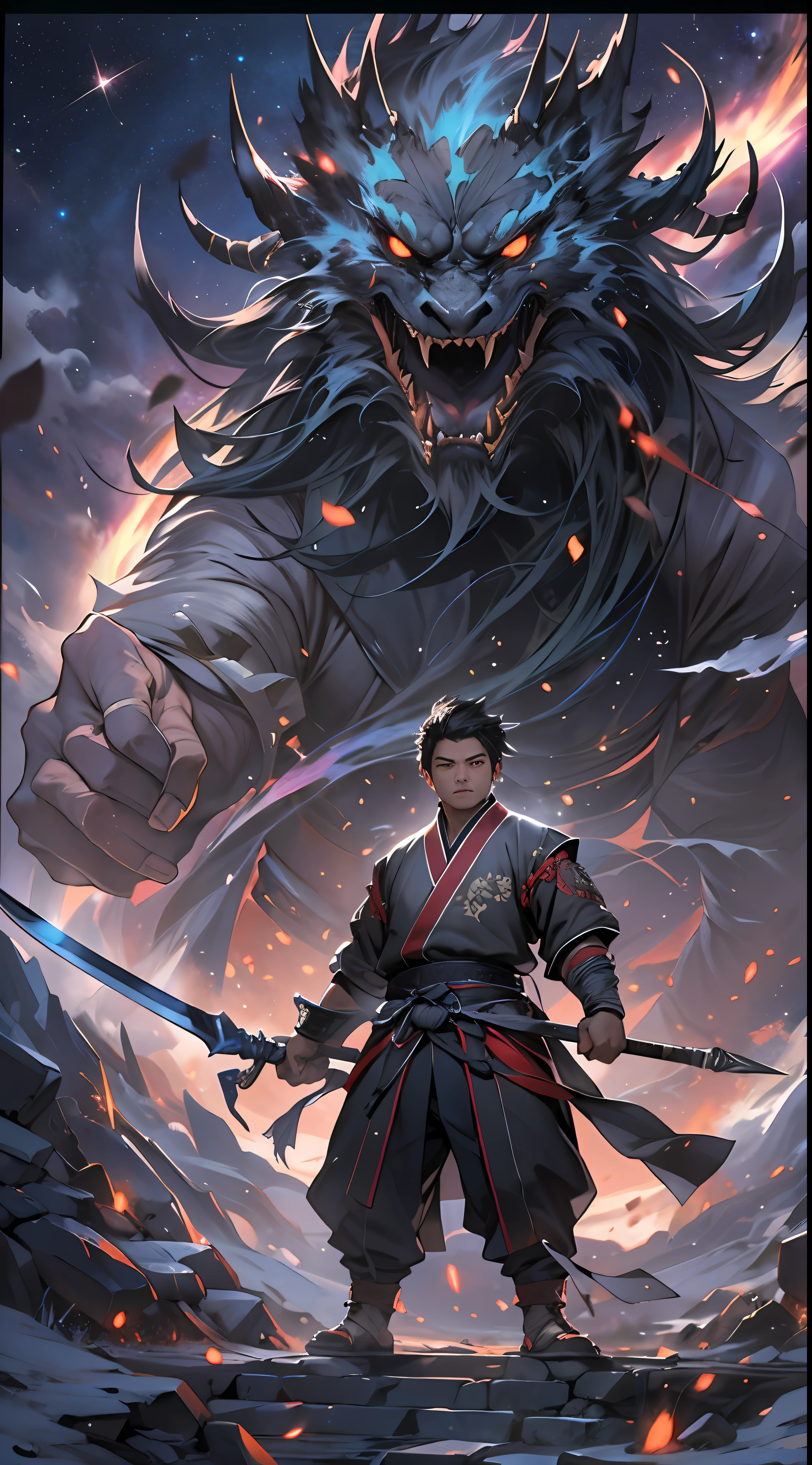 A determined man, Li Gu, retreats quickly to a distance of fifty thousand meters from a giant evil spirit, gripping his weapon tightly, with a resolute gaze, surrounded by a vast space background with twinkling stars, , 32k, best quality, masterpiece, super detail, high details,
