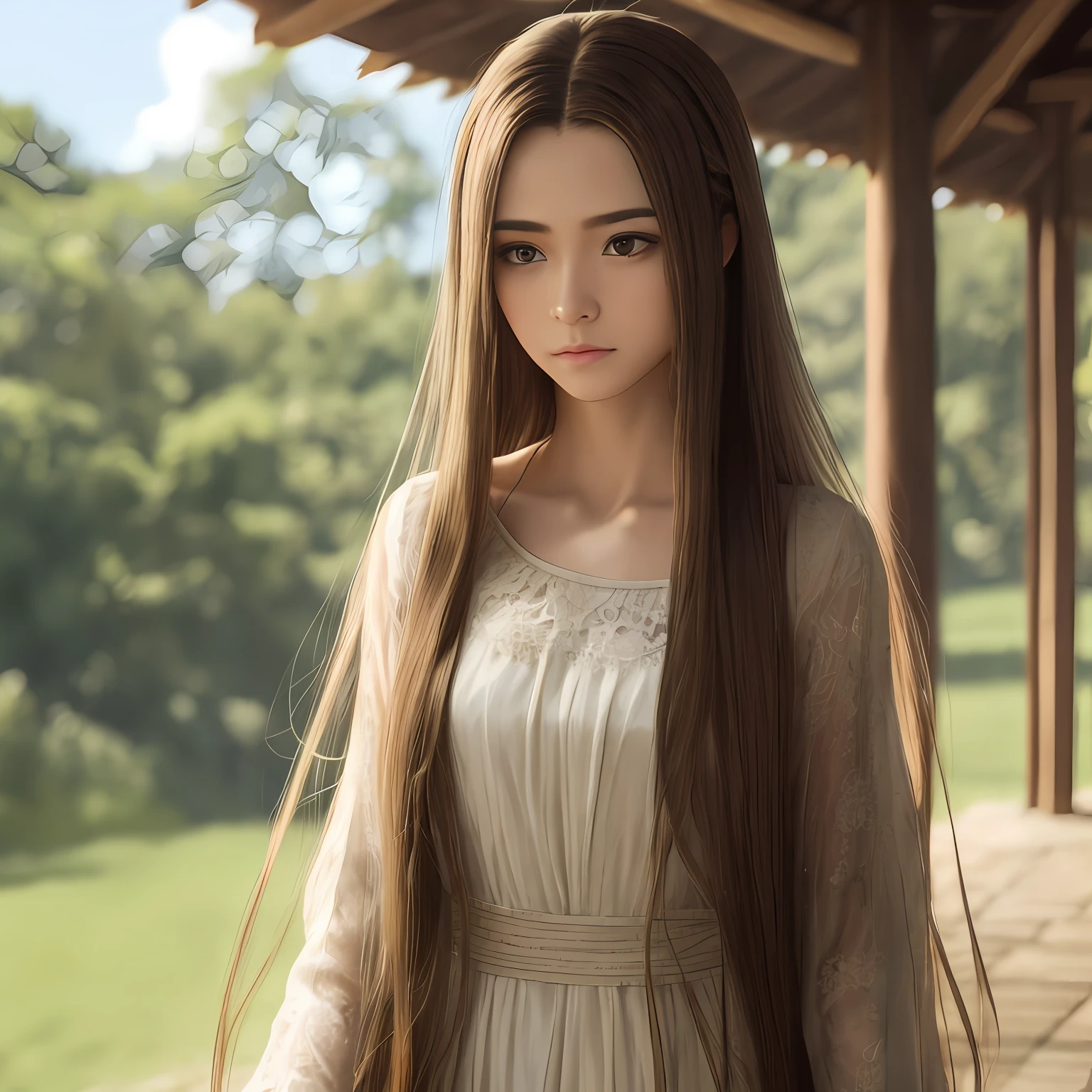 Tall girl,vestindo vestido longo,Natural, Authentic long hair,Gentle and delicate face,She was the only one,Calm background,Live-action effect,