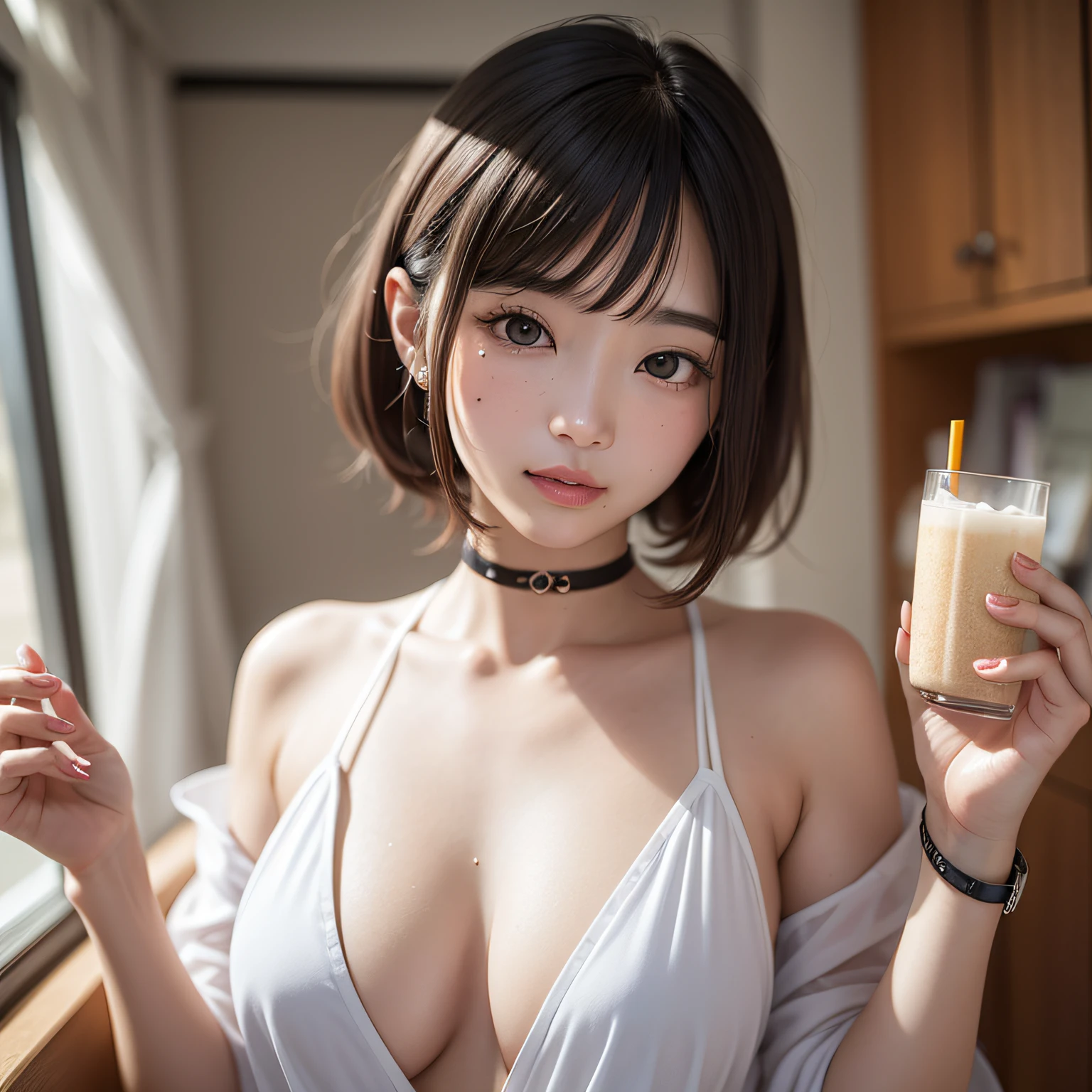 Japan Beauty、in her 20s、A dark-haired、Short Bob、Excellent style、maikurobikini(blanche)、Bust about 88cm、Moles in the eyes、Mare、夏天