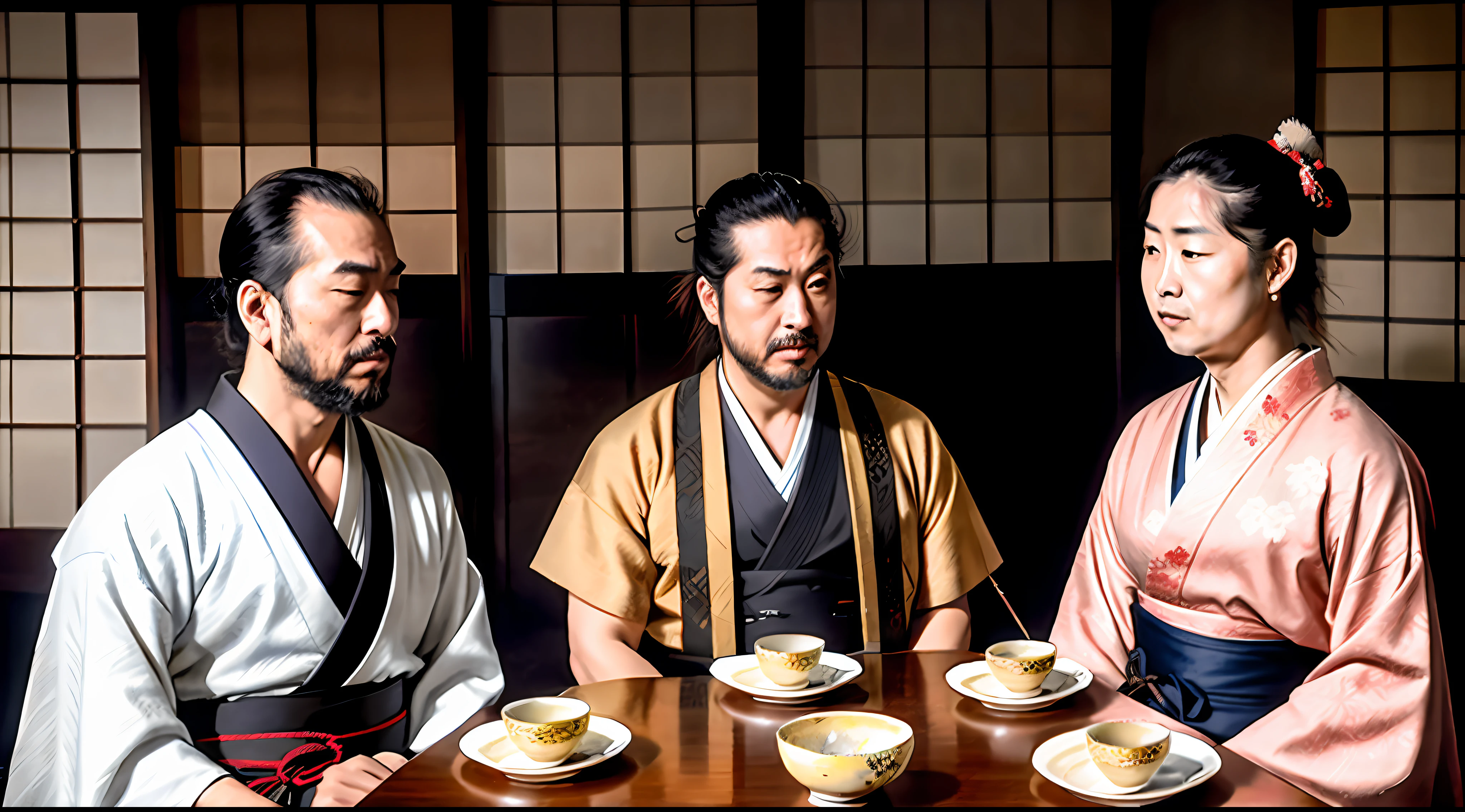 Meeting of Japanese men, samurai guerreiro, Japanese Edo period, drinking tea, obra-prima, melhor qualidade, CG, HDR, alta qualidade, BETTER HANDS, fundo detalhado, rosto detalhado, (theme of imperial Japan:1.1), vestes de monge