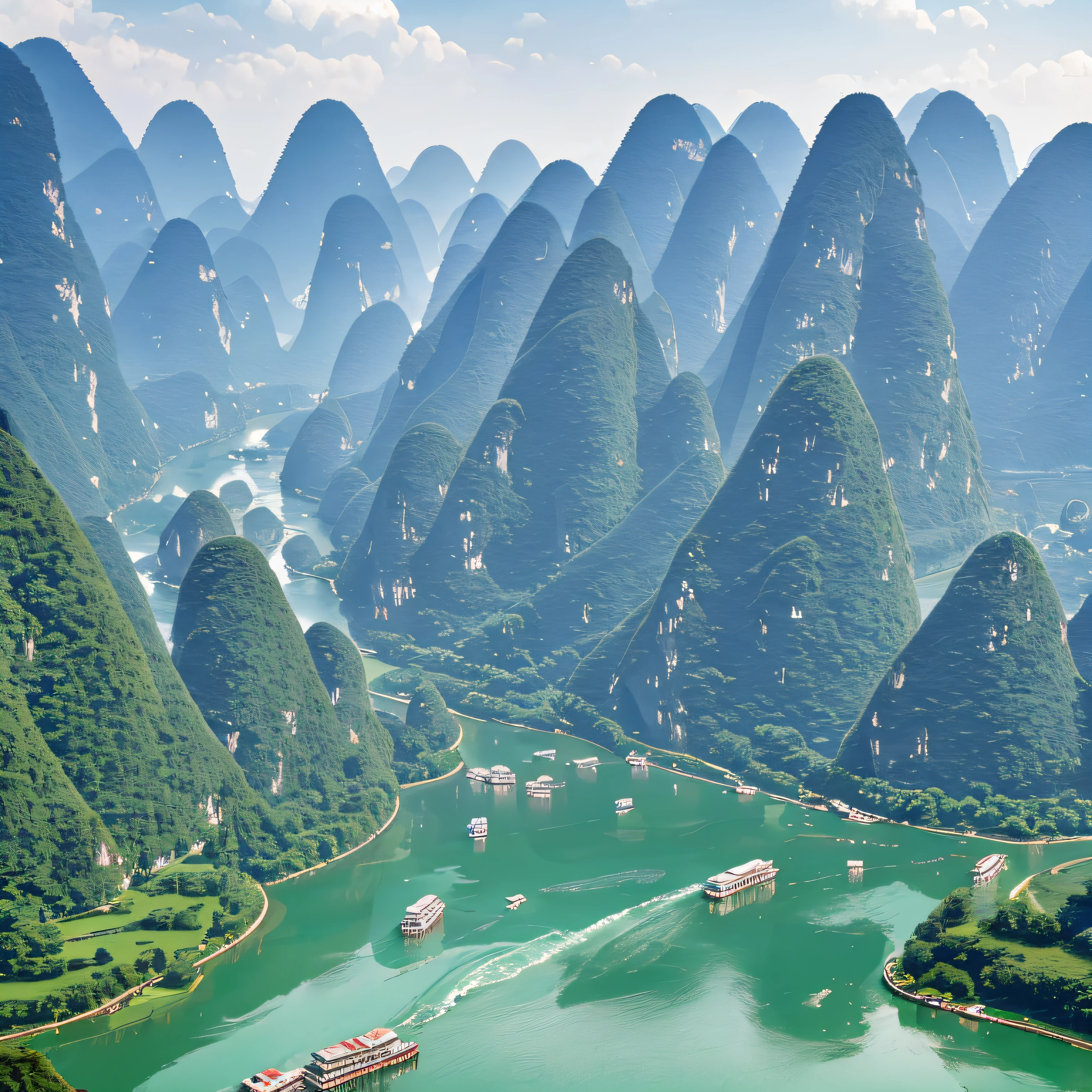 Guilin landscape, Yangshuo, Li River, green water, river, mountains, super clear details --auto