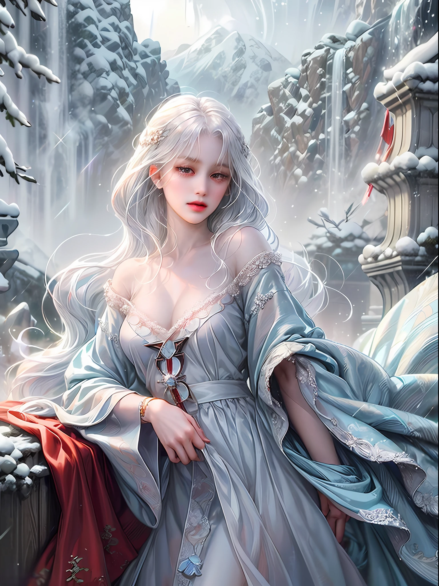 (((picture quality is high), imagination), (1female, Yang J, closeup cleavage), (long white hair, robe, 围巾), (Fantasy wind, mistic, Guviz), (Screen Principal: Goddess of white hair, Visual focus: Glare at the star), (Soft, flowy, Fairy-like), (Scenes: Snowy mountain canyons, Snow and ice elements, A deep), (embedding tag)). --auto