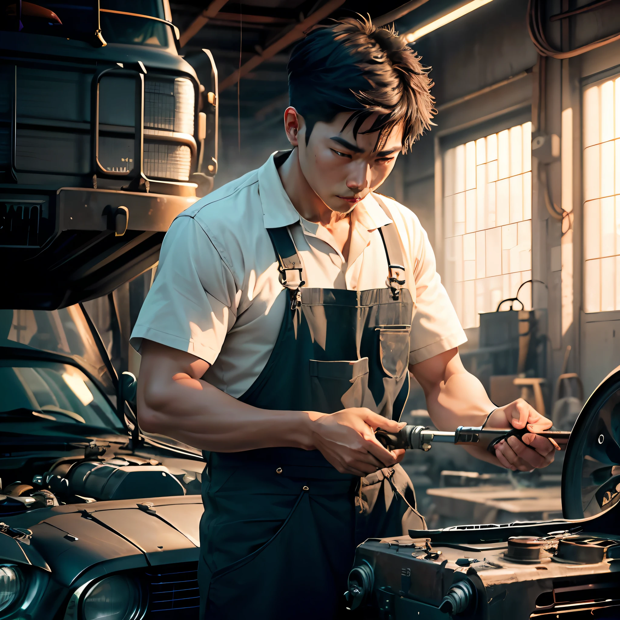 (HD quality car mechanic),With a wrench in his hand,Serious repair of faulty engines,Similar to the operation of a locomotive engine。Fine shots capture every detail,Plus bright and detailed light and shadow,Bring out the overall texture。Asian men,The skin is a little whiter,Natural points on the face --auto