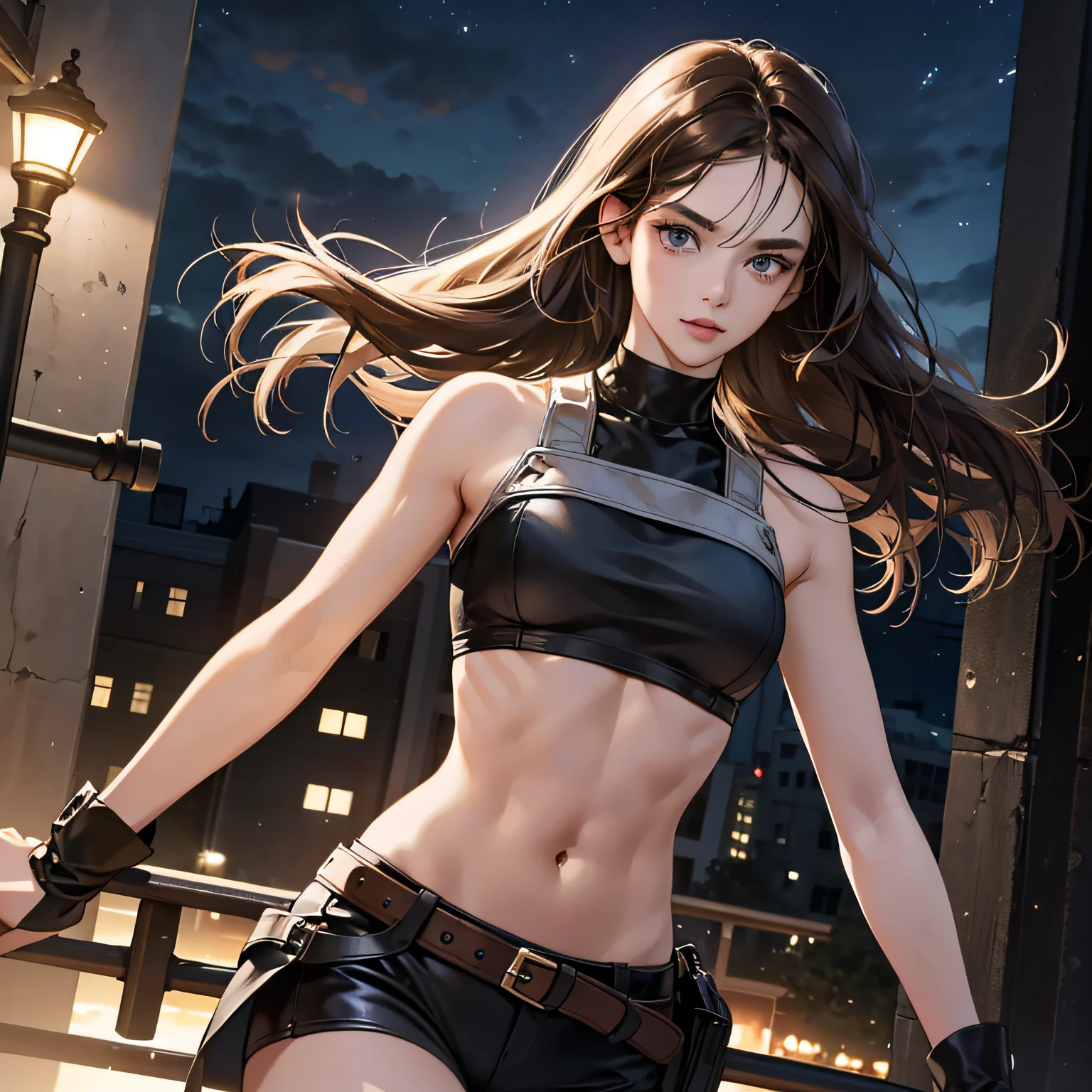 ((Realistic lighting, Best quality, 8K, Masterpiece: 1.3)), Clear focus: 1.2, 1girl, Perfect Figure: 1.4, Slim Abs: 1.1, ((Dark brown hair)), (White crop top: 1.4), (Outdoor, Night: 1.1), City streets, Super fine face, Fine eyes, Double eyelids, --auto