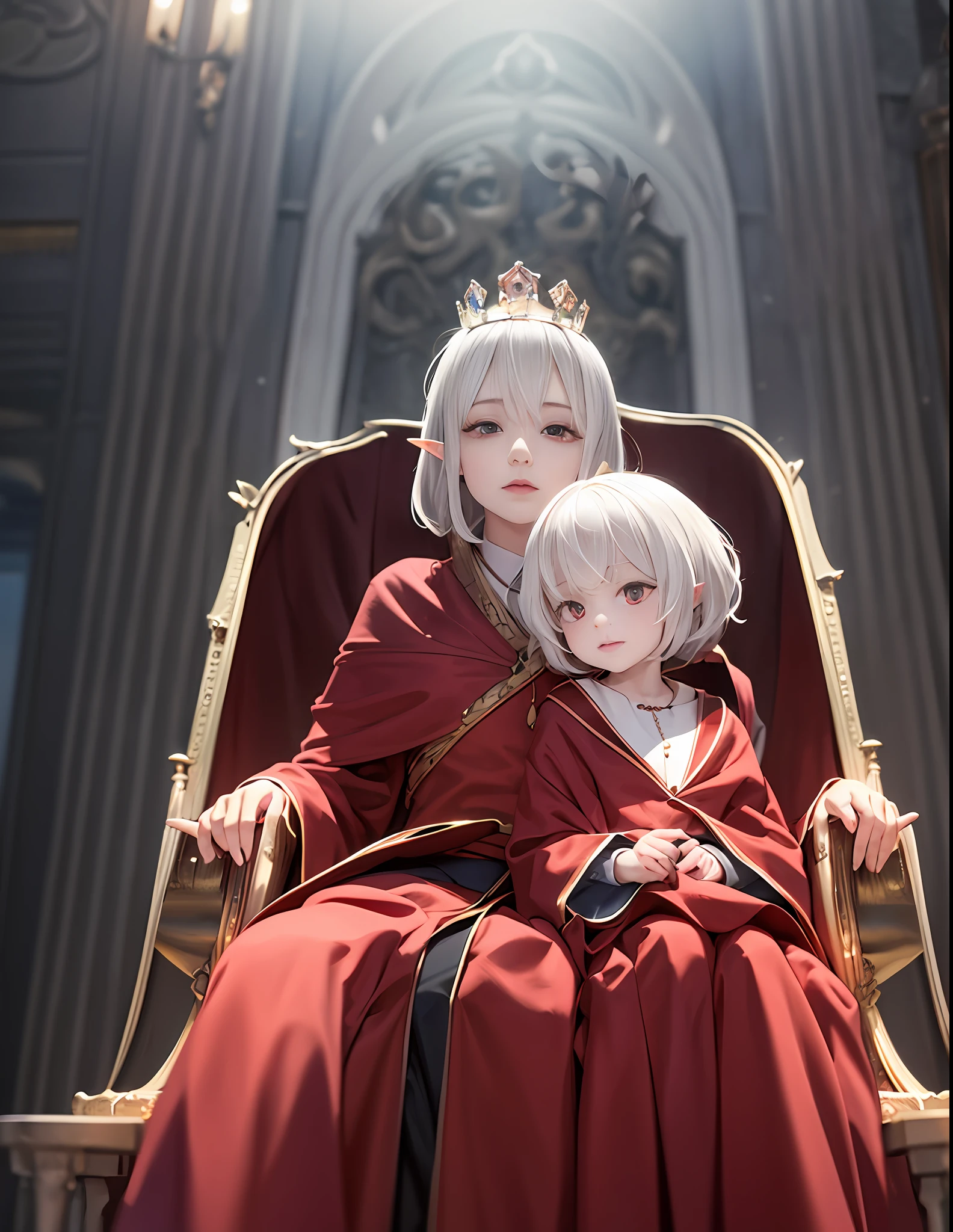 The white-haired and red-eyed female elf had a deep gaze，Crown on head，The crown is dark red，The expression was indifferent，There is a smile at the corner of his mouth，in red robes，with fair skin，Sit on the throne of a medieval-style palace，The surface of the throne is dotted with precious stones，，Blood-colored electric light followed behind，There is a strong sense of oppression --auto