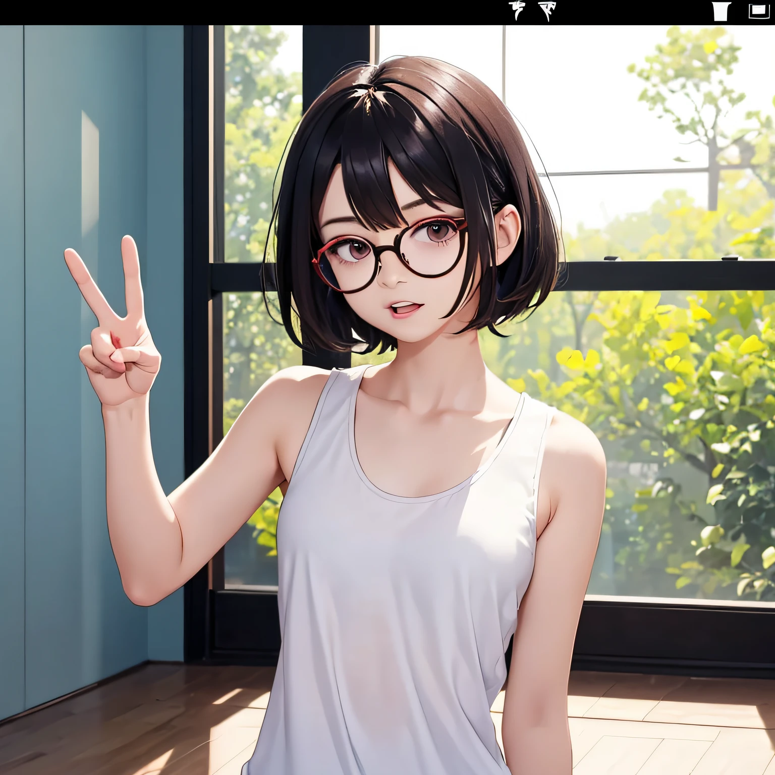there is a woman that is making a peace sign with her hand, a picture inspired by Ma Yuanyu, Instagram, video art, Ruan cute vtuber, in a white tank top singing, YouTube video screenshots, low quality video, wearing small round glasses, wearing thin large round glasses, UHD, 1080P --auto
