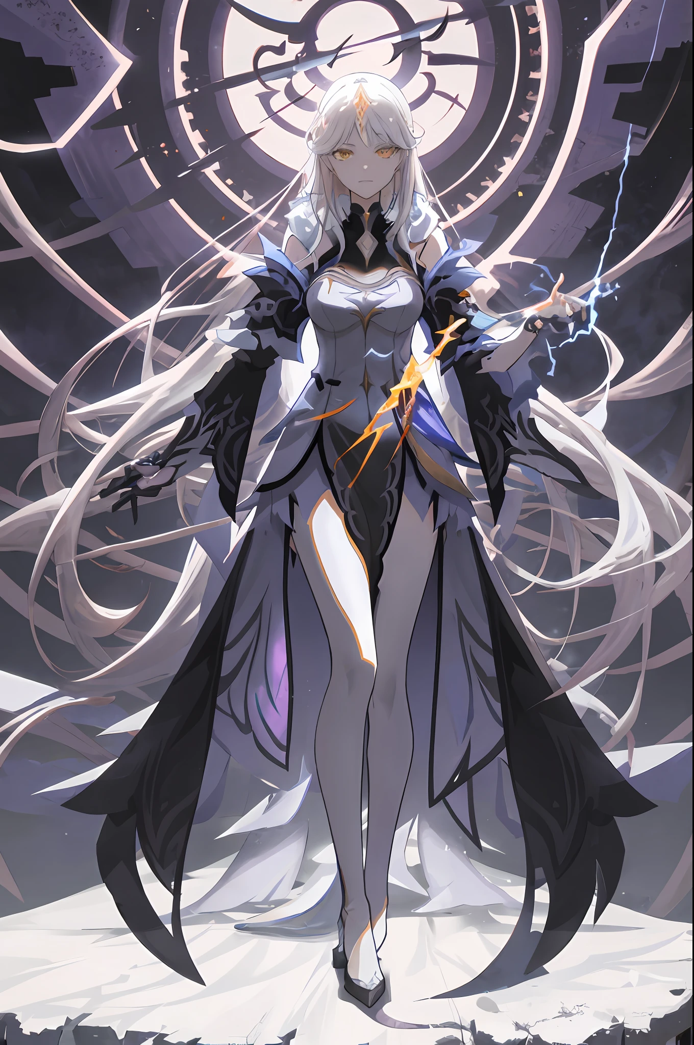 anime - style image of a woman dressed in a black and white outfit, full portrait of elementalist, White-haired god, dark witch character, dark sorceress fullbody pose, goddess of lightning, arcane art style, dark sorceress full view, Extremely detailed Artgerm, trending on artstation pixiv, astri lohne