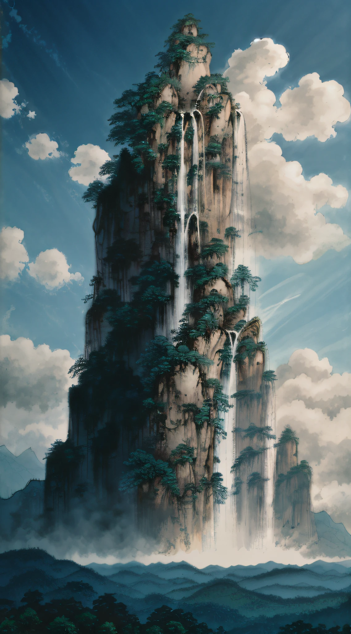 Masterpiece, best quality, high quality, extremely detailed CG unity 8k wallpaper, landscape, outdoor, sky, clouds, sky, no humans, mountain, landscape, water, tree, blue sky, waterfall, cliff, nature, lake, river , cloudy skies, award winning photography, bokeh, depth of field, HDR, bloom, chromatic aberration, photorealism, very detailed, trending on artstation, trending on CGsociety, intricate, high detail, dramatic, half way art