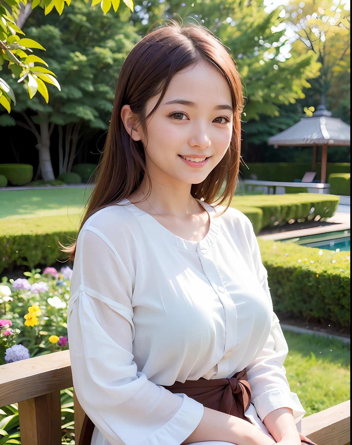 best quality, face focus, soft light, (depth of field) ,ultra high res, (photorealistic:1.4), RAW photo, (portrait:1.4) ,(from front)
1japanese girl, solo, cute, (shy, smile:1.1), (brown eyes), detailed beautiful face, (midi_hair ),
garden,(standding)
(linen clothes) ,