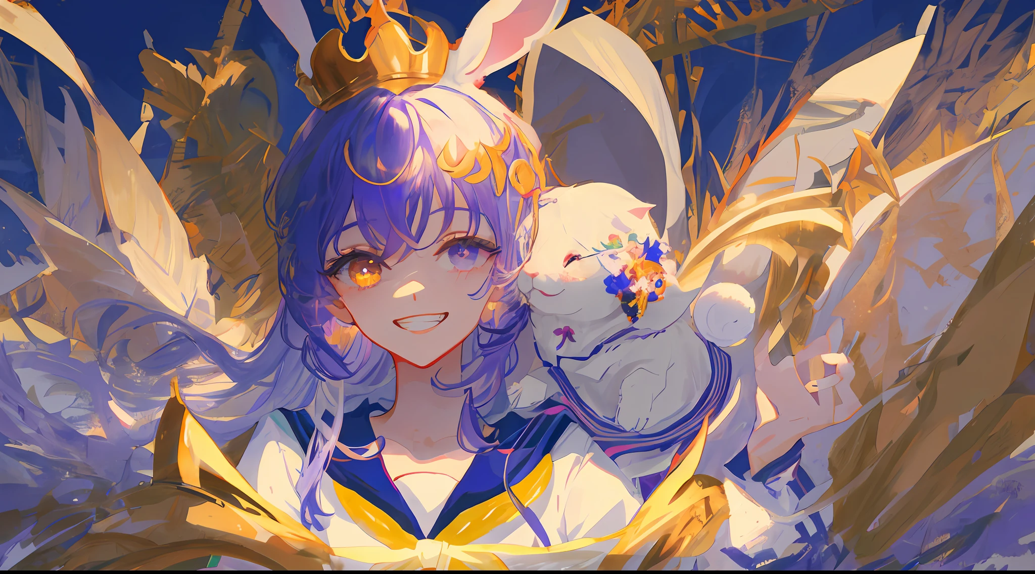 pelo rojo corto，Curls，Libido boy，a sailor suit，There are ornaments of a small rabbit on the head，The left eye is purple，The right eye is golden，light and shadow effect，Water mist，eye detailed，detail in face，cheerful grin