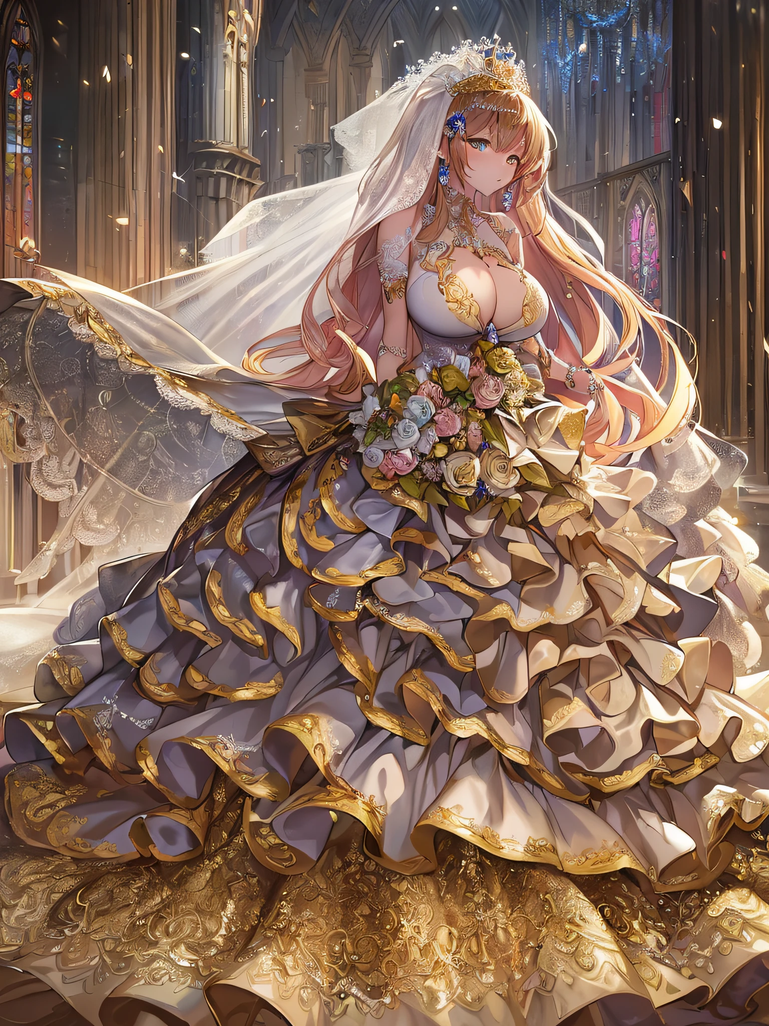 ((anime artstyle)),(Masterpiece),(Best Quality), (Super Detail),((Very Delicate and Beautiful)),Focus on character,Dynamic Angle,Looking at viewer,((Solo)),standing,((full body)),((one princess in gorgeous ball gown wedding dress with voluminous skirt)),((June bride)),detailed face and eyes,jewel-like eyes,((Very Long voluminous Hair)),gorgeous embroidery and lace,((gorgeous corsage)),See-through,(Gorgeous jewelry ornaments),luxury hair ornament,luxury big tiara with jewels,ornate ruffles,((gigantic breasts,Long breasts)),indoor,church wedding,((full body)),hoop skirt,crinoline,very long wedding veil,(((fusion of jeweled wedding dress and gorgeous embroidery rococo ballgown))),