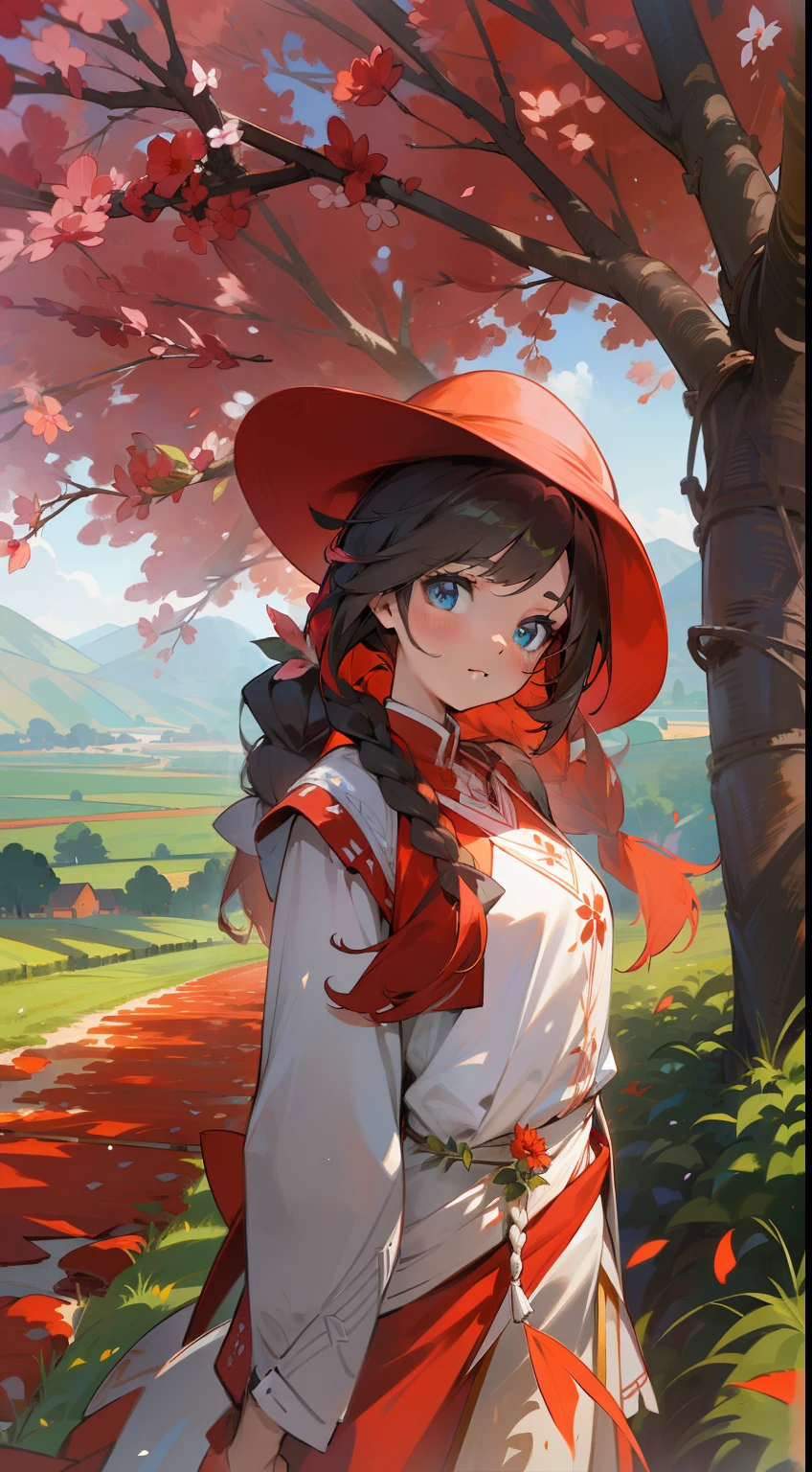 (A masterpice, perfect bodies, pretty eyes),(red attire, long braid, Take the flowers), Walk the sun-drenched country roads, The shadow of leaves is everywhere, Walk forward. (hyper HD,tmasterpiece)，Faraway view