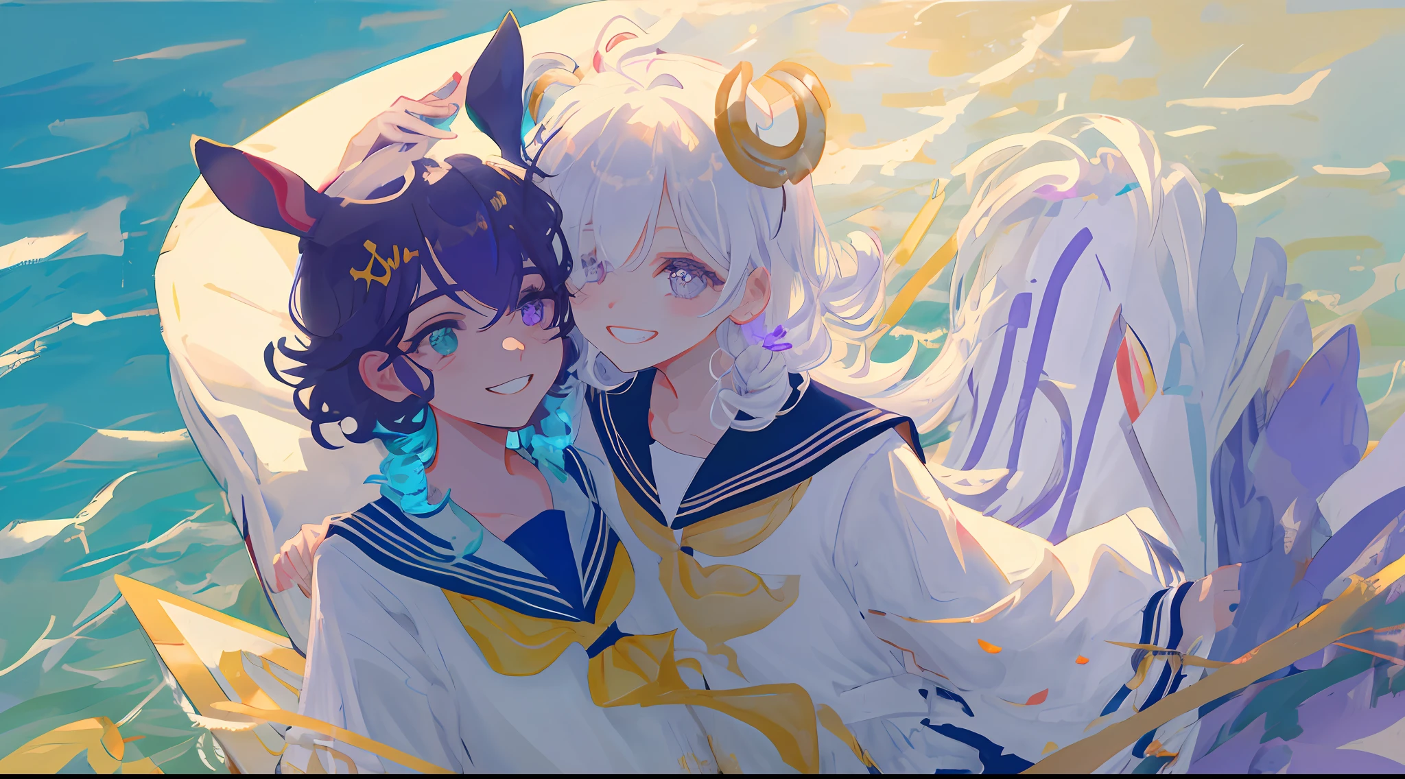 pelo rojo corto,Curls,Libido boy,a sailor suit,There are ornaments of a small rabbit on the head,The left eye is purple,The right eye is golden,light and shadow effect,Water mist,eye detailed,detail in face,cheerful grin