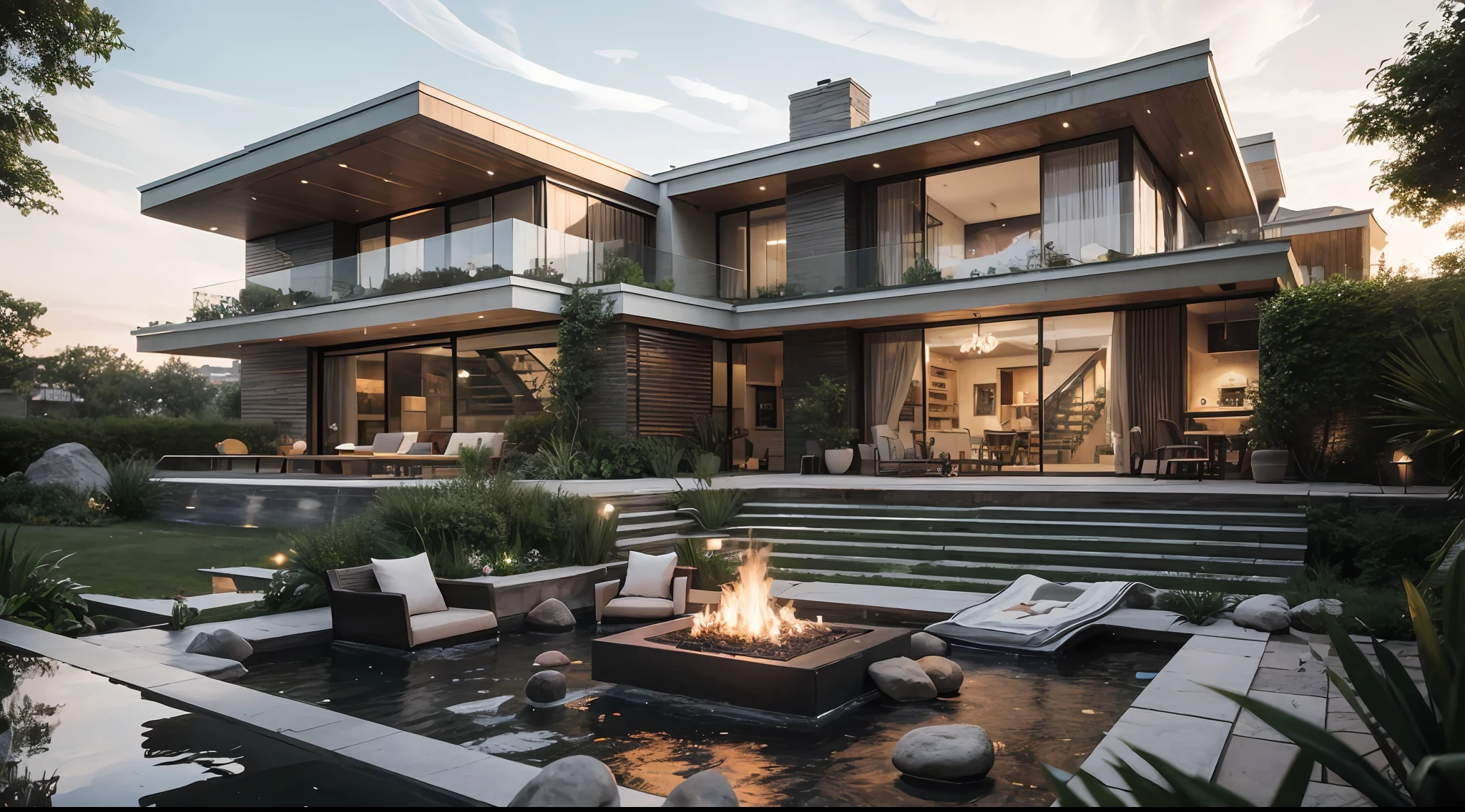 Alafid view of modern house with fire pit in the backyard, high quality rendering, luxury hd render, luxcore render, building rendering, archviz, award winning render, rich house, Realistic rendering, photoreal render, Luxury architecture, LuxuryLifestyle, beautifully detailed render, ultra-modern, high quality rendering, insanely detailed rendering, architectural render