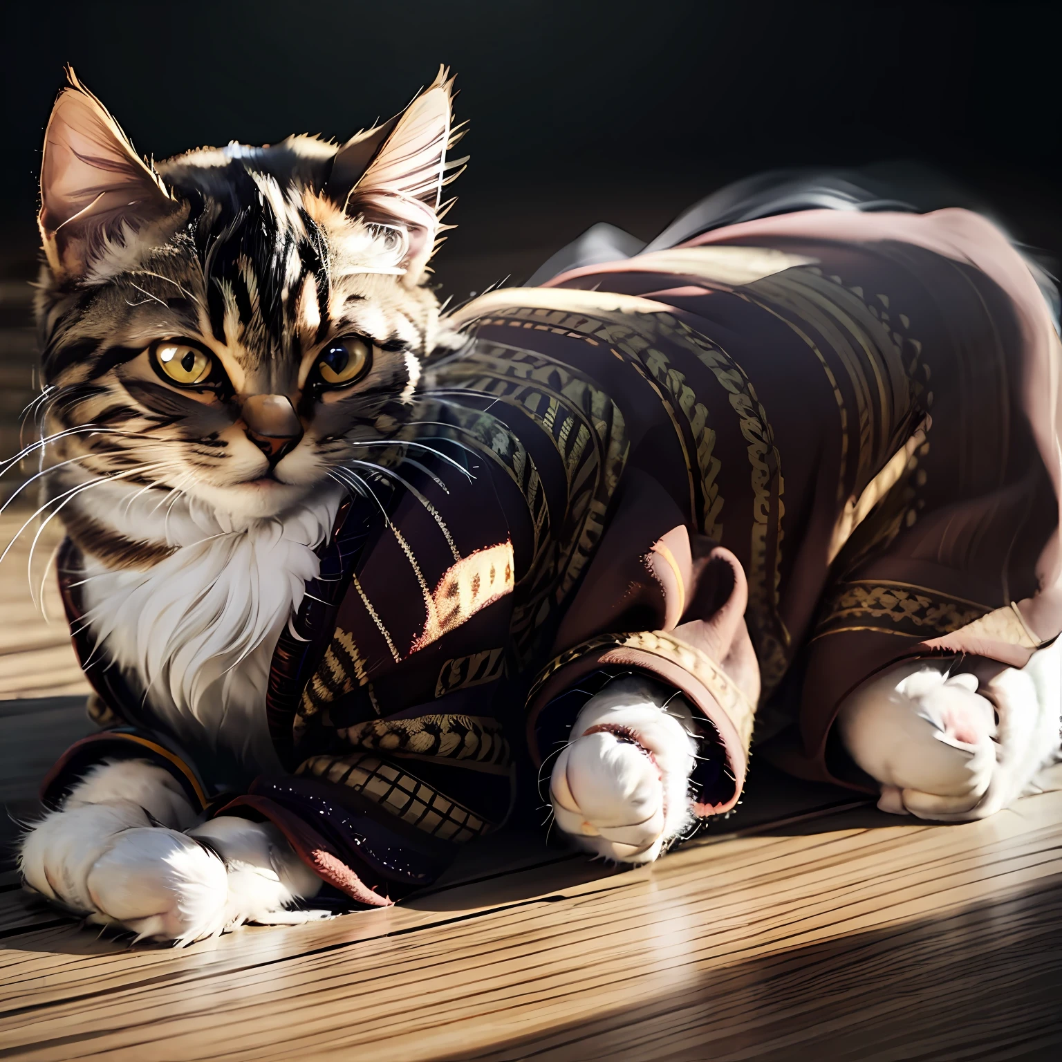 ((A cat in clothes)), Fluffy hair, Anthropomorphic expressions, Rich colors, Exquisite details, Masterpiece, Realistic，2K, 4K, Full-HD, artsation, CG, Realistic, illusory engine , Real light and shadow, Beautiful rich colors, Amazing details, Masterpiece 8K Ultra HD, Digital SLR, Soft lighting, High quality, filmgrain, Fujifilm XT3