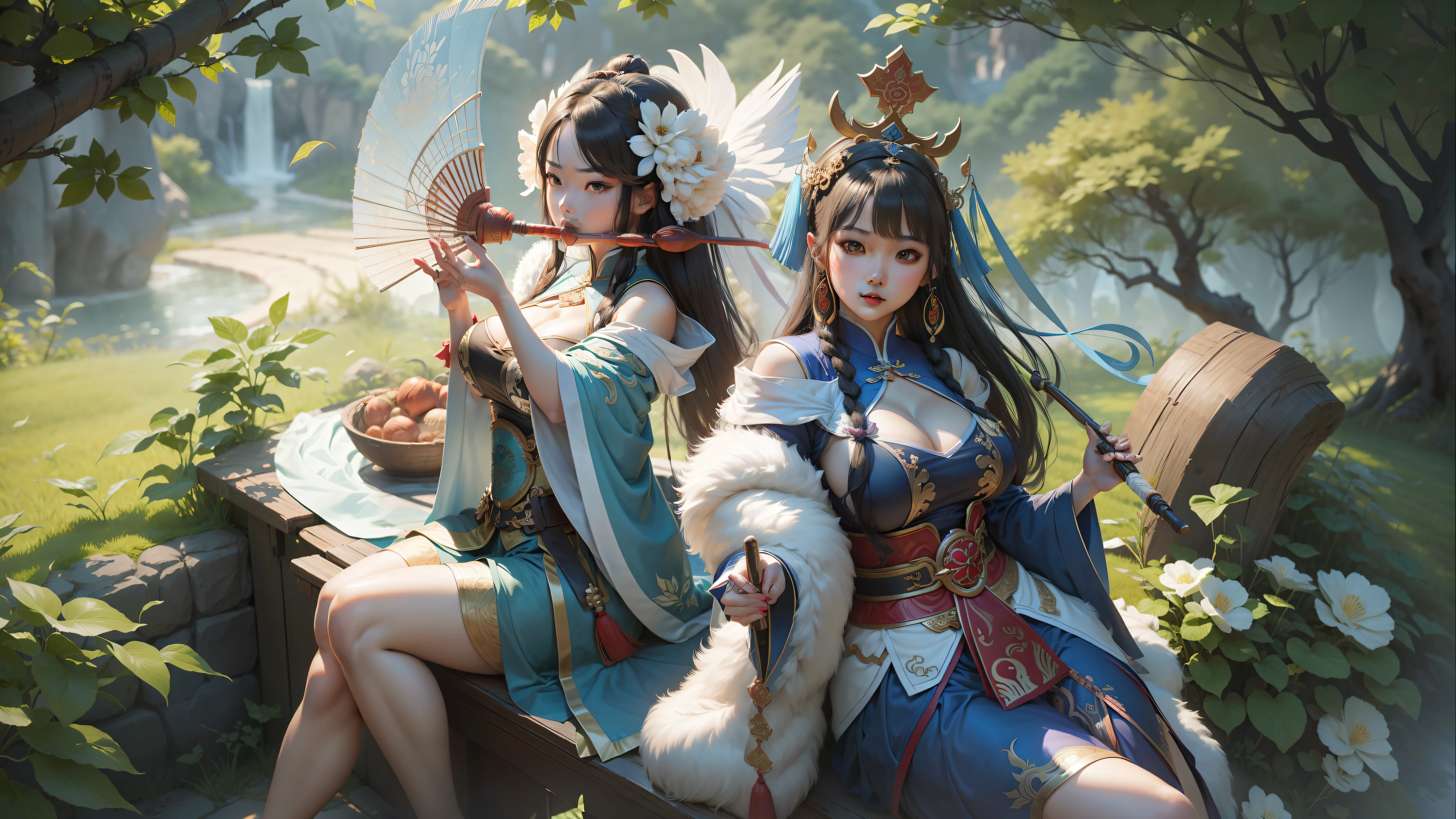 Romance of the Three Kingdoms in Big Qiao Xiao Qiao,twogirls,One plays the flute, the other holds a fan,tmasterpiece,max detail,A high resolution,最好质量,gigantic cleavage breasts,Raised sexy,long leges,show legs, Raised sexy,Nice background,Spread the ass,enchanting