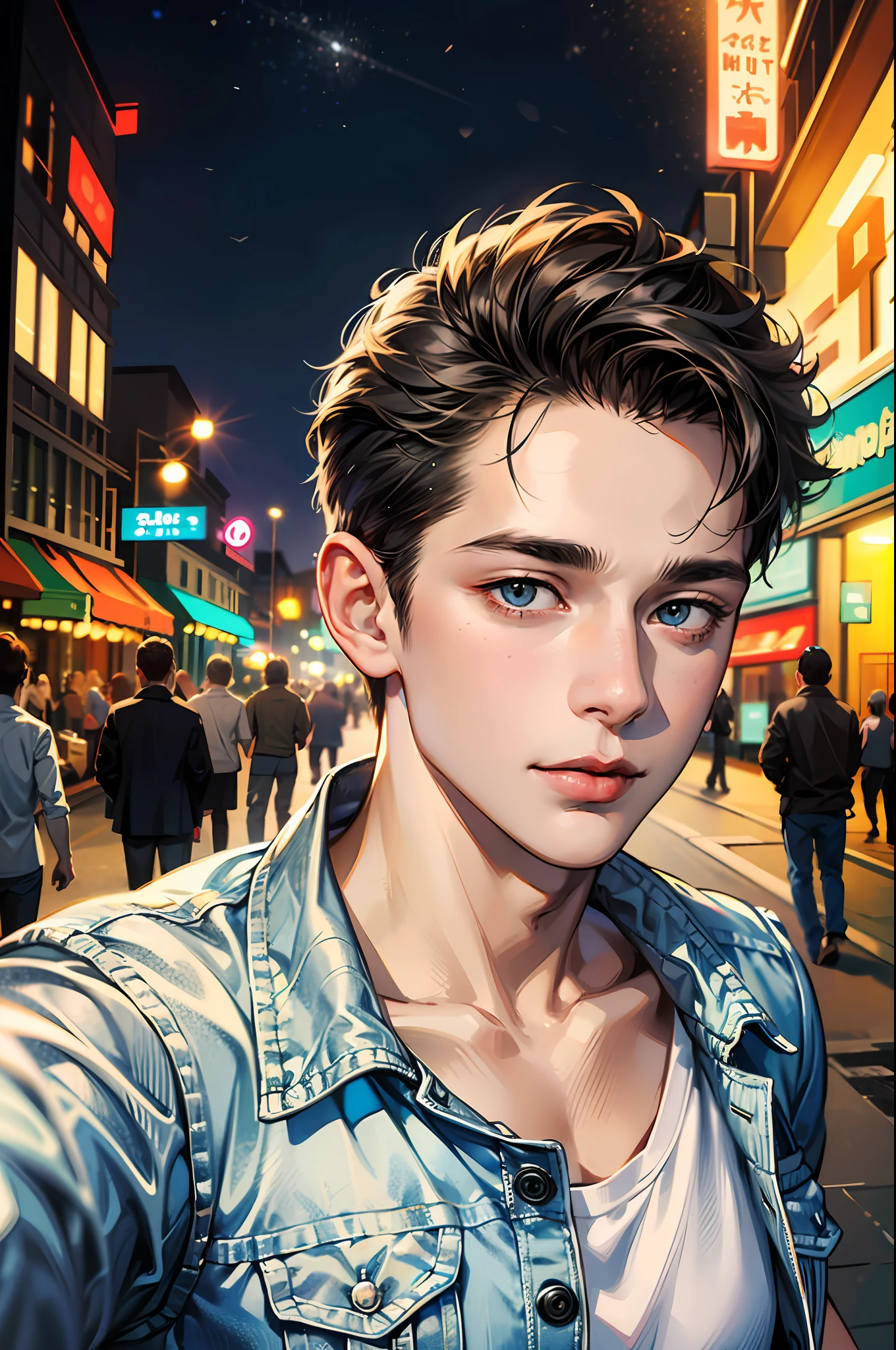 (absurdres, highres, ultra detailed, HDR), masterpiece, best quality, 1boy, handsome, short hair, finely eye and detailed face, (white t-shirt), (jean jacket), dimple, forehead, night street, night city, midnight, selfie shot, light smile