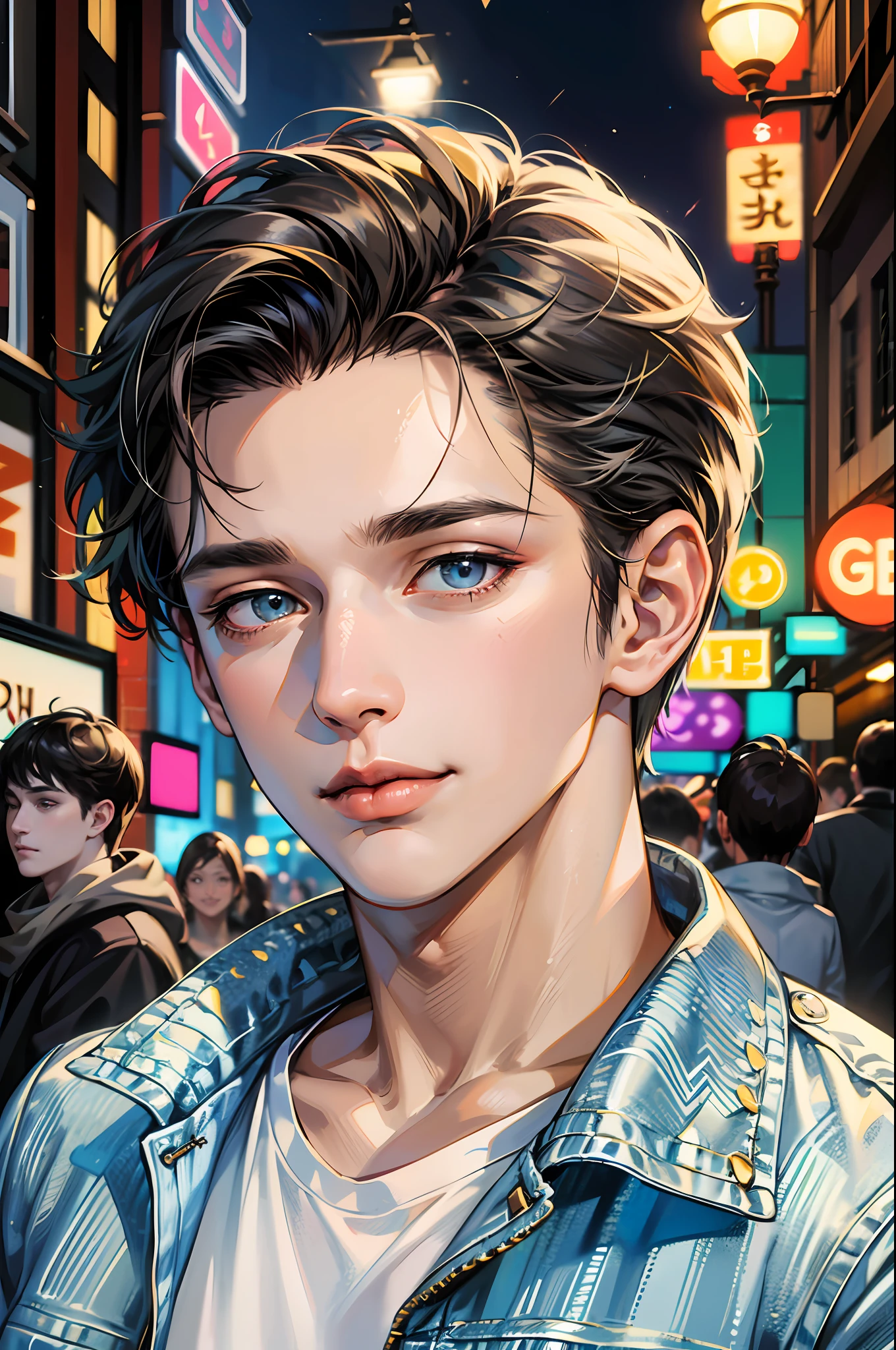 (absurdres, highres, ultra detailed, HDR), masterpiece, best quality, 1boy, handsome, short hair, finely eye and detailed face, (white t-shirt), (jean jacket), dimple, forehead, night street, night city, midnight, selfie shot, light smile