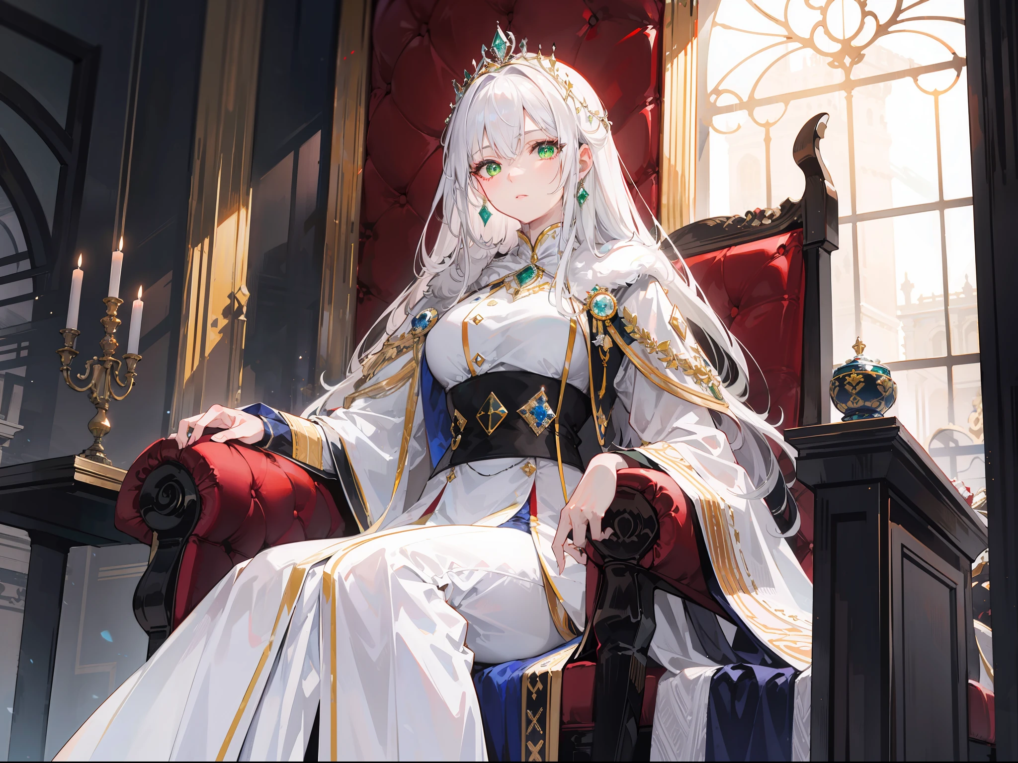 "Epic palace atmosphere, stunning 4k artwork featuring a beautiful mature lady with long flowing white hair. Glowing green eyes. She was wearing white royal coat, she sitting on the throne."