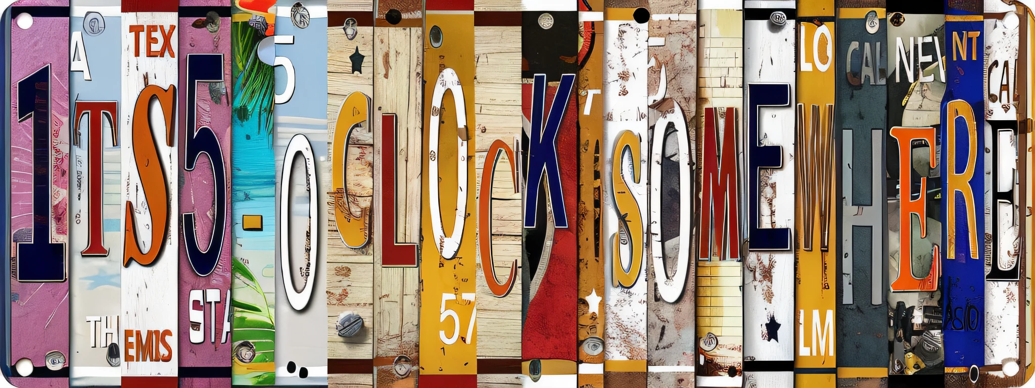 Close-up of multiple license plates on a wooden fence, Country album cover of the clock, old signs, UHR, Clockwork, author：Robert Dixon, clockpunk, clock iconography, 🪔 🎨;🌞🌄, Andrew Dixon, clock, 5 0 s, 50s, Signboard, Signs, Colorful signs