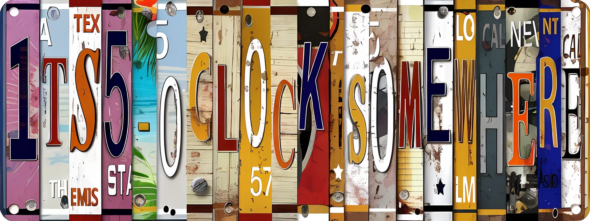 Close-up of multiple license plates on a wooden fence, Country album cover of the clock, old signs, UHR, Clockwork, author：Robert Dixon, clockpunk, clock iconography, 🪔 🎨;🌞🌄, Andrew Dixon, clock, 5 0 s, 50s, Signboard, Signs, Colorful signs