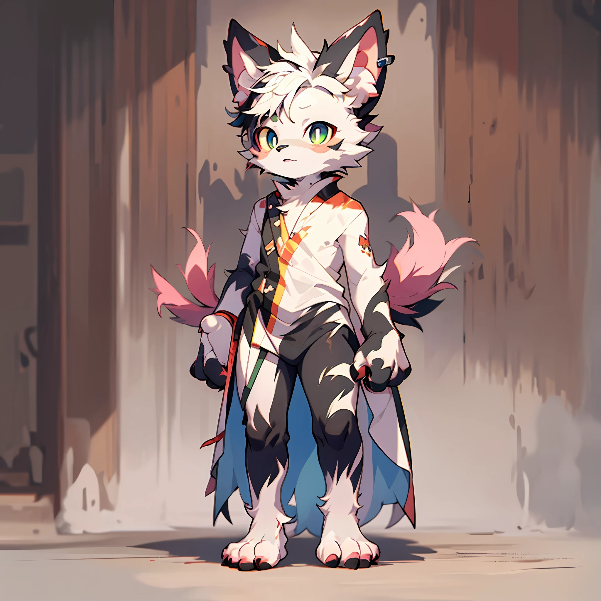 Furry Dogs Forelimb Hands Hindlimb Legs and Feet Standing Shota ********** Overall White Head, arms, body, legs with bluish black pattern, whole body, pink flesh pad, eyes and pupils blue, furry, no clothing, two ears