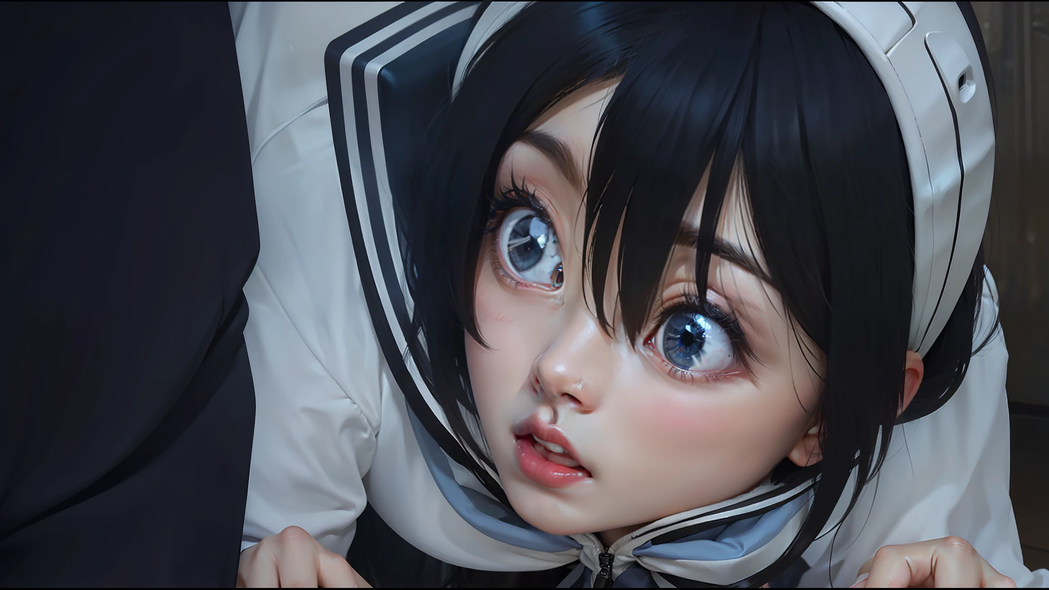 1 girl, black hair, blue eyes, realistic, ultra realistic, long hair, cute, open mouth