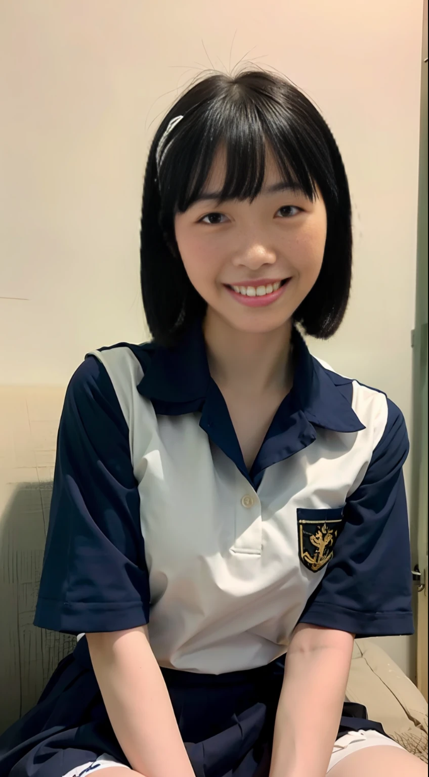 Navy blue short-sleeved school uniform，young ，female high-school student，smallunderboob，white stockings，short detailed hair，Jellyfish head，ssmile，full bodyesbian