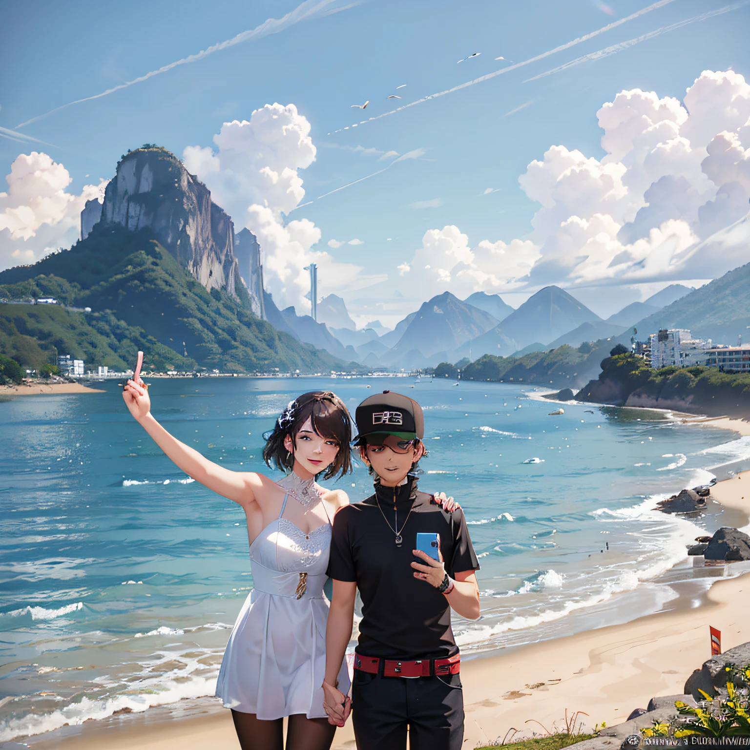 there is a man and woman taking a selfie together, rio de janeiro, with mountains in the background, with mountains in background, david rios ferreira, by Felipe Seade, by Nándor Katona, andrea rocha, malika favre, by Sam Dillemans, caroline gariba, with mountains as background, by Paulus Decker --auto