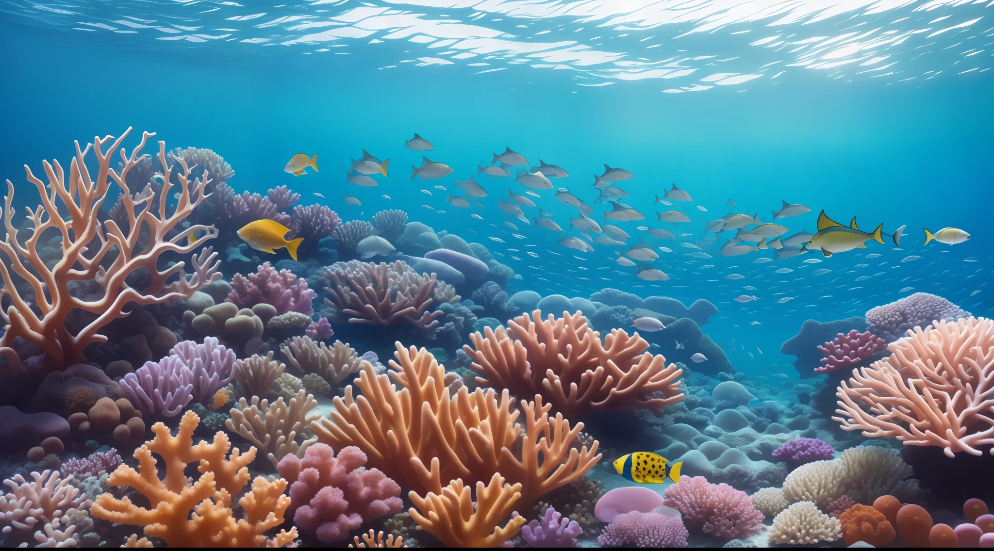 ocean floor、Marine life、Beautiful coral reef、The fish,(Masterpiece:1.2), (Best quality:1.2), (Realistic:1.2), Photography, Nikon, 85mm, 8K, (Sharp focus:1.2), (high resolution:1.2), (Ultra-detailed:1.2), Bright school building,