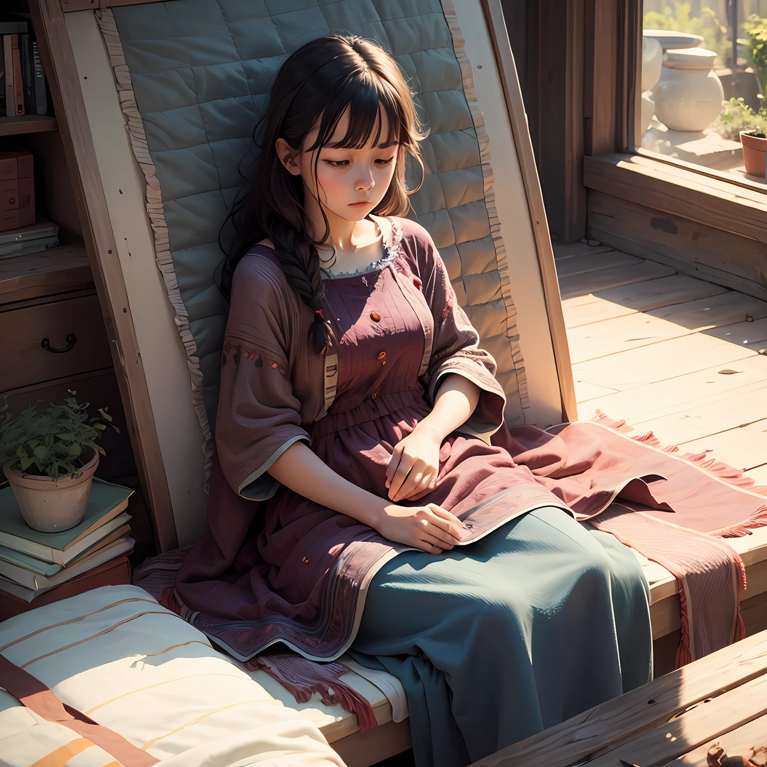 A person sits on a quilt --auto