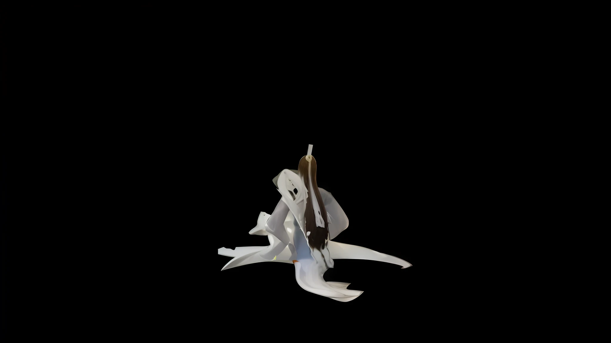 An ancient Chinese fairy figure meditates cross-legged with his back to him, Xianxia white robe,On his back is a white zither, inspired by Dorothea Tanning, with black background, inspired by Méret Oppenheim, video still, Full view, butterfly squid, On a black background, Inspired by Yves Tanji, Ethereal white dripping tar, statues, Nick Knight