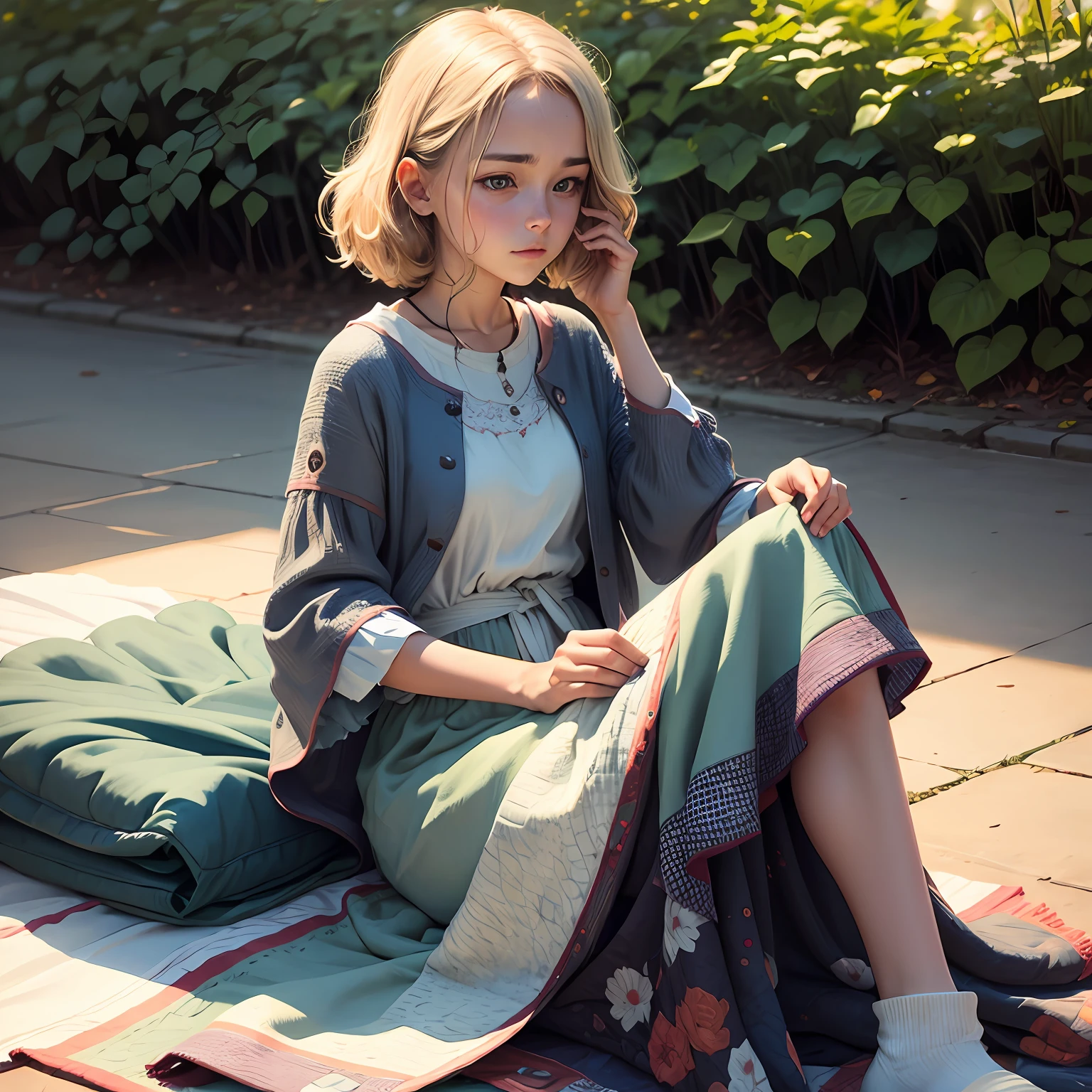 A person sits on a quilt --auto