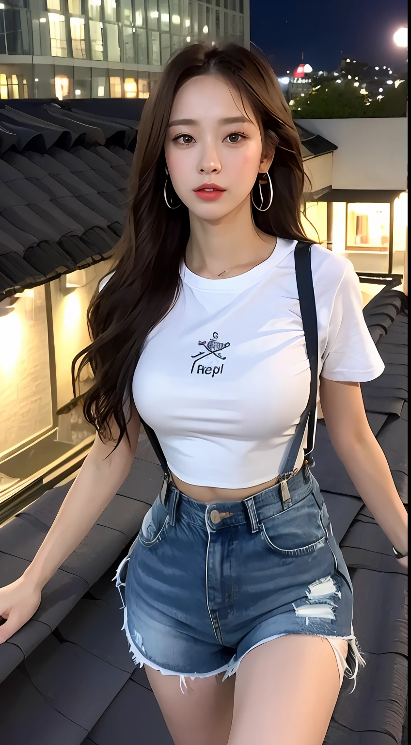 ((midynight, Need, 8k, tmasterpiece:1.3)), full bodyesbian, Long legs, Focalors:1.3, perfect figure beautiful woman:1.4, Slim abs:1.1, ((Dark brown hair, huge tit:1.2 )), (white tight t-shirt, Denim suspenders, standing on your feet:1.2), ((city night scene, the roof:1.3)), Highly detailed facial and skin texture, A detailed eye, 二重まぶた